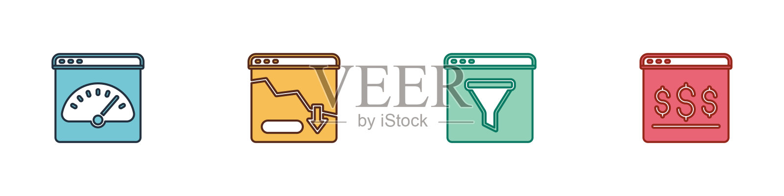 设置数字速度计，财务增长下降，浏览器窗口和网上购物屏幕图标。向量图标素材