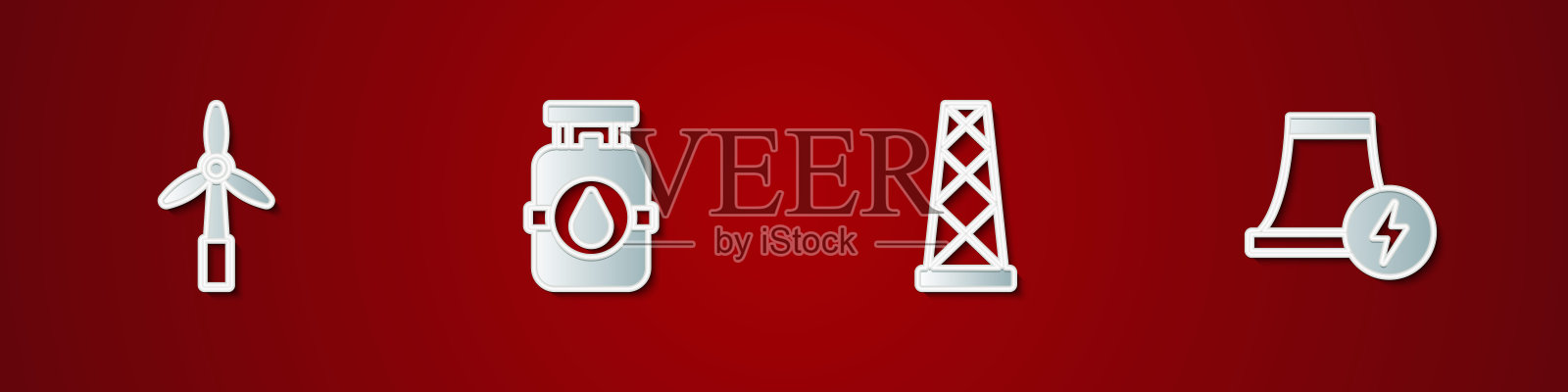 设置风力涡轮机，丙烷气罐，天线和核电站图标。向量图标素材