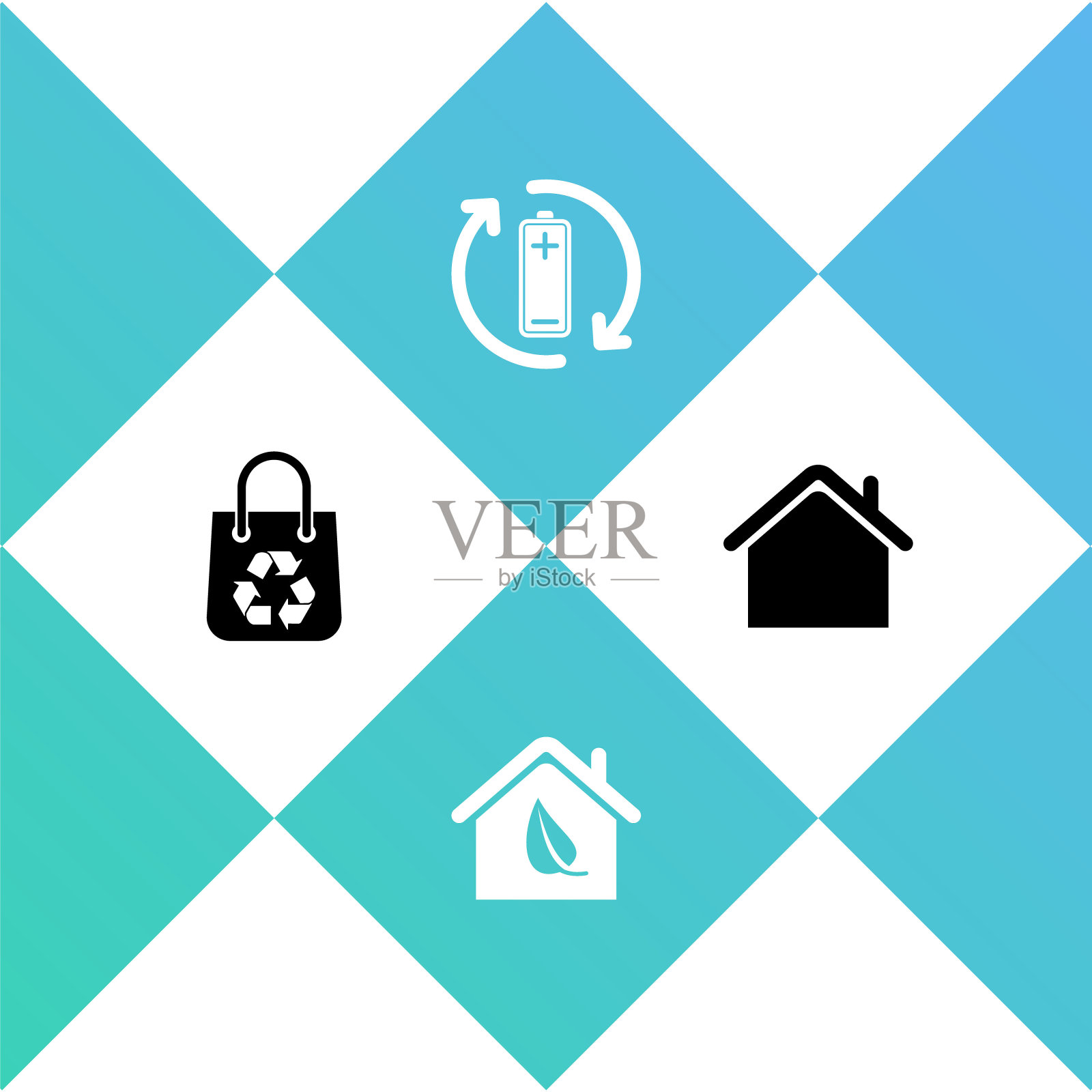 设置购物袋与回收，环保的房子，电池和房子图标。向量插画图片素材