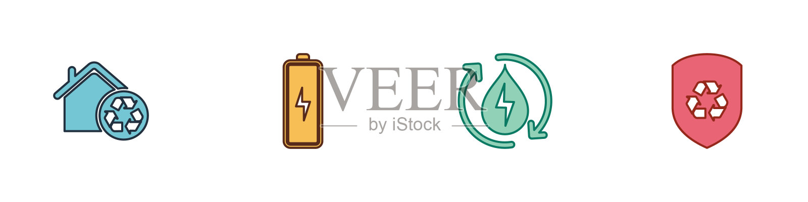 设置生态住宅与回收，电池，回收清洁水和内部盾牌图标。向量图标素材