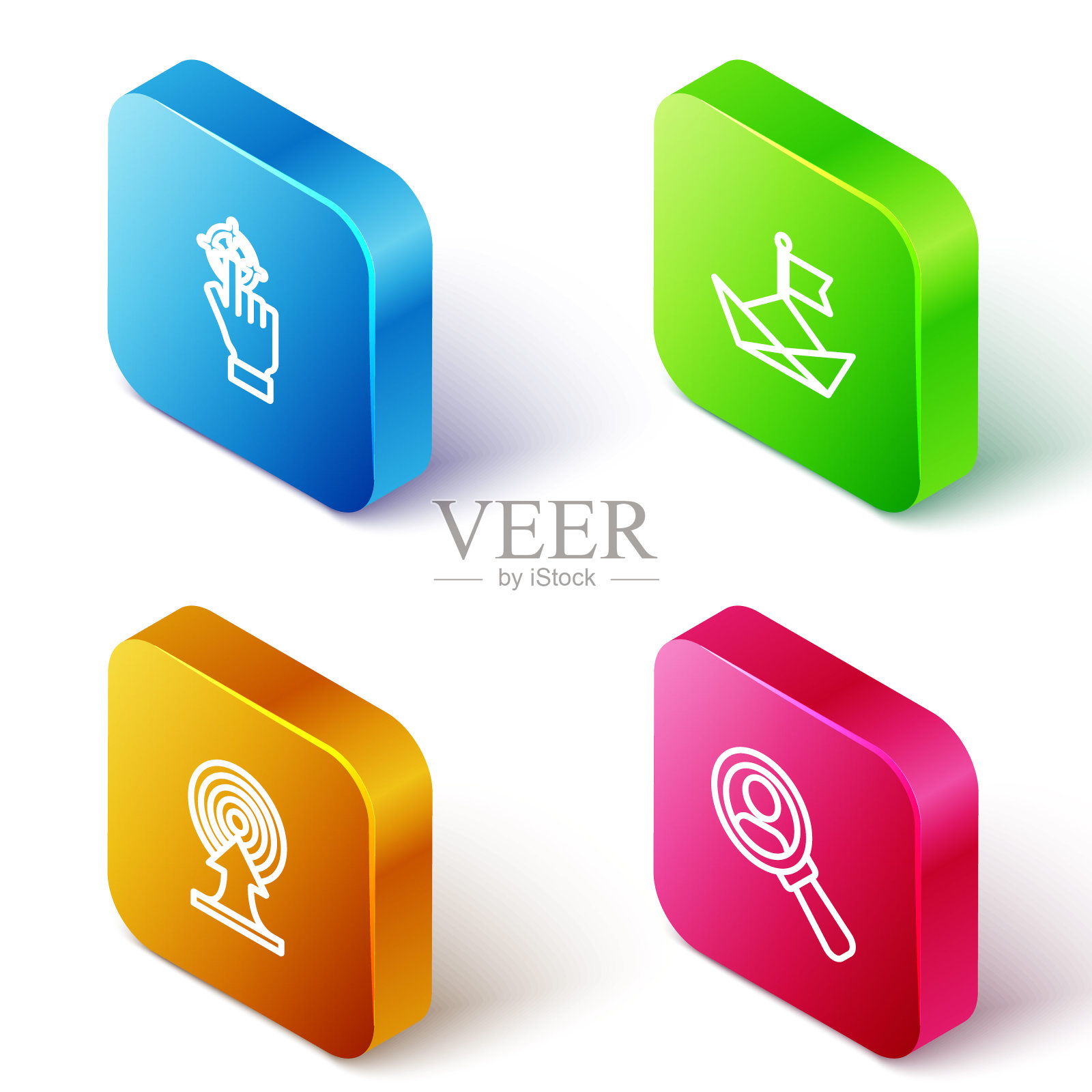 设置等距线目标、折叠纸船、带箭头和放大镜的搜索图标。向量图标素材