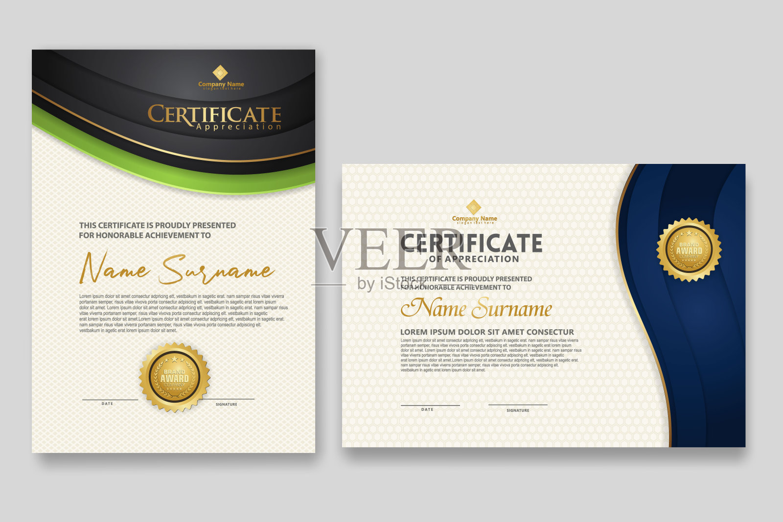 证书模板与豪华徽章和优雅的现代图案背景。欣赏、成就、奖励、商业和教育需求。矢量图插画图片素材