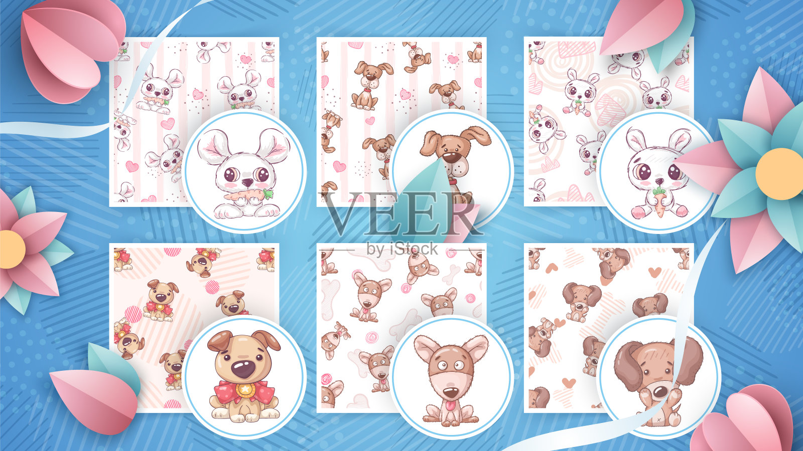 设置卡通人物动物和无缝图案。插画图片素材