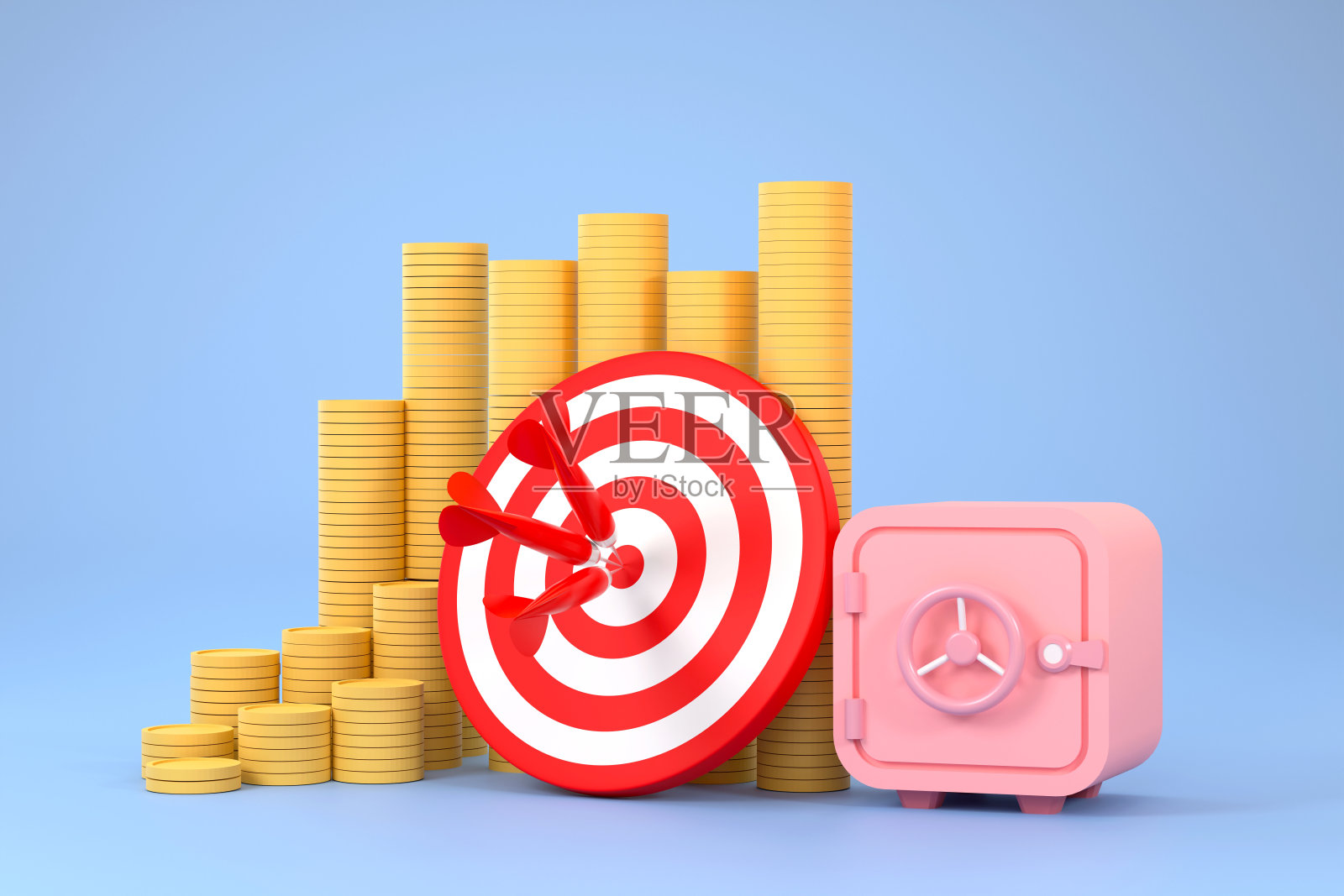 红色飞镖靶上有一堆钱，保险箱里还有一袋钱。金融业务的概念照片摄影图片