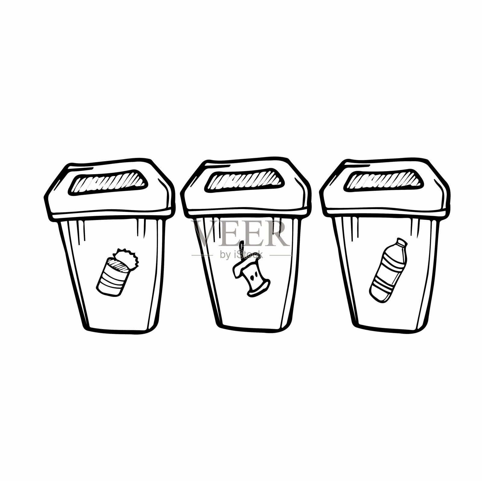 回收材料图标。用于垃圾分类的垃圾桶。矢量插图，线条设计。材料清单:金属、有机、塑料。“零浪费”图标素材