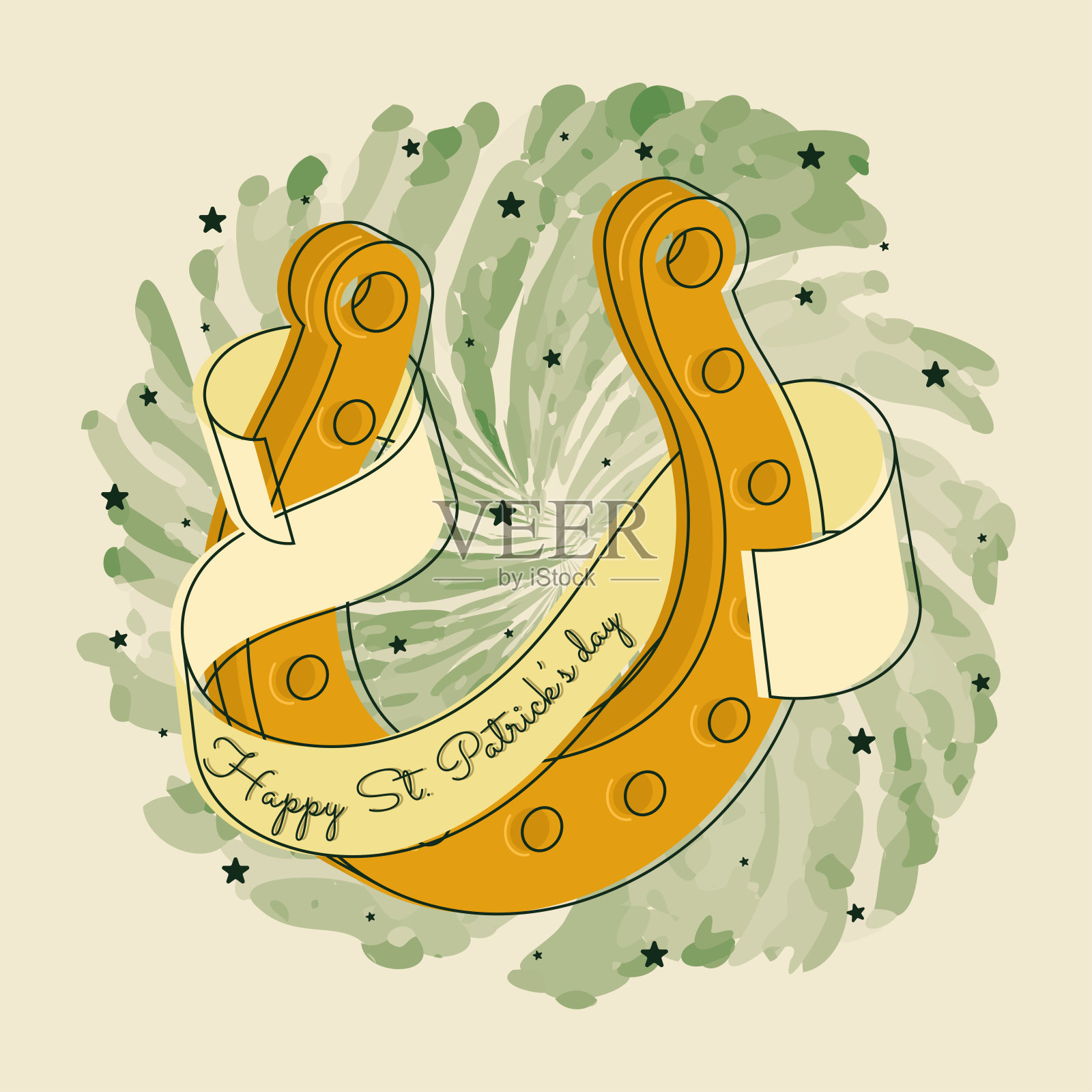 快乐圣帕特里克日卡片幸运马蹄铁和丝带与文字矢量插画图片素材