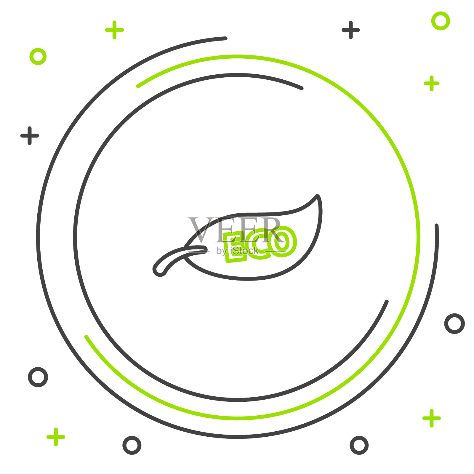 线叶生态标志图标孤立在白色背景。横幅，标签，标签，标志，环保绿色贴纸。色彩斑斓的轮廓的概念。向量插画图片素材