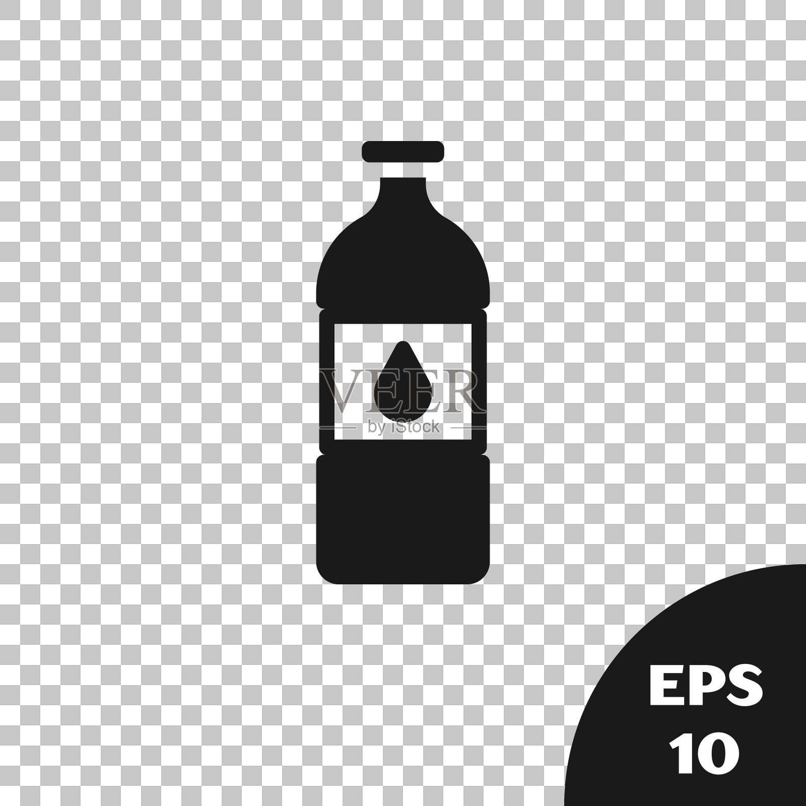 黑色瓶子的水图标孤立在透明的背景。苏打水饮料标志。向量插画图片素材