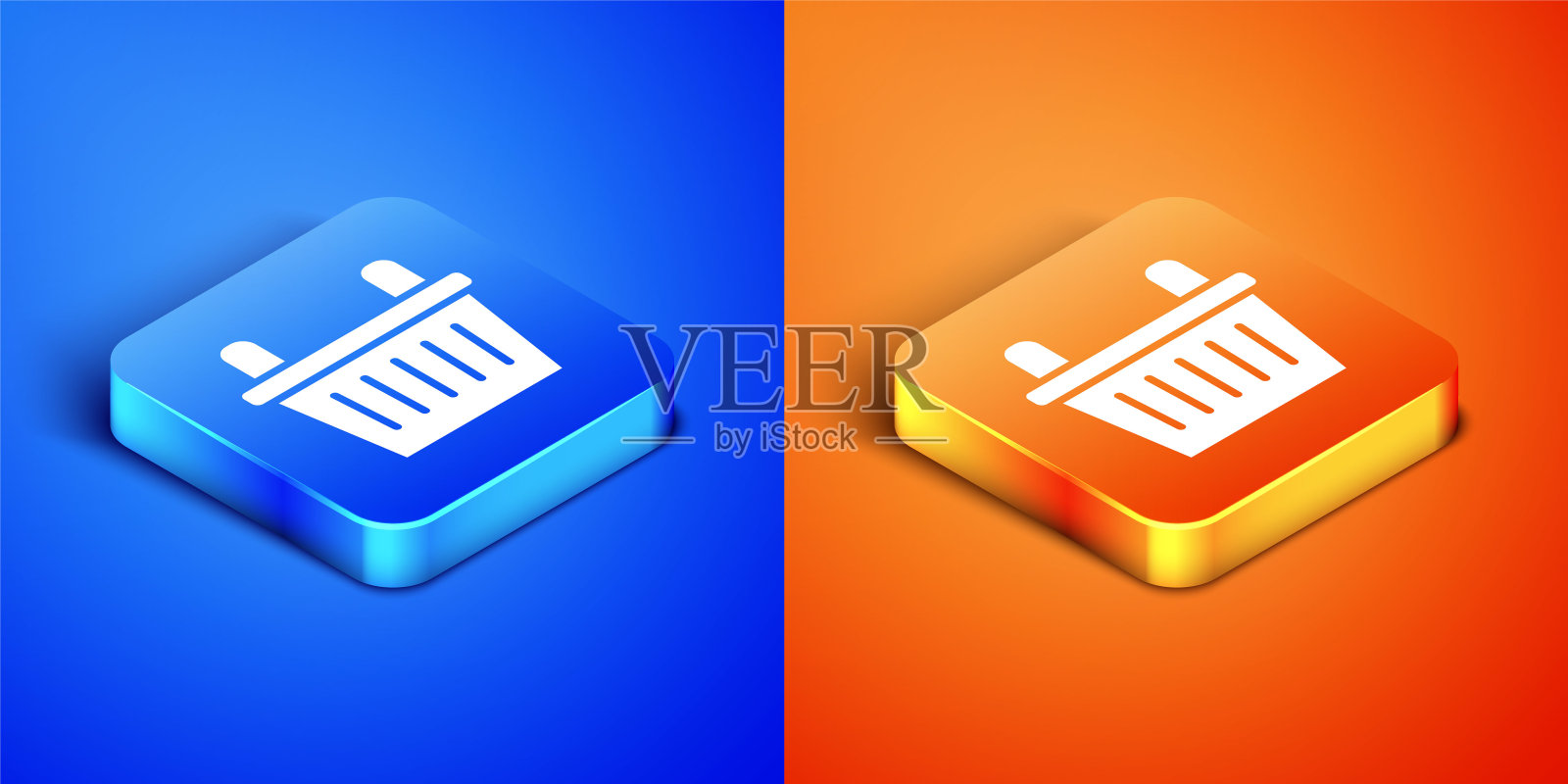 等距自行车篮子图标孤立在蓝色和橙色背景。方形按钮。向量图标素材