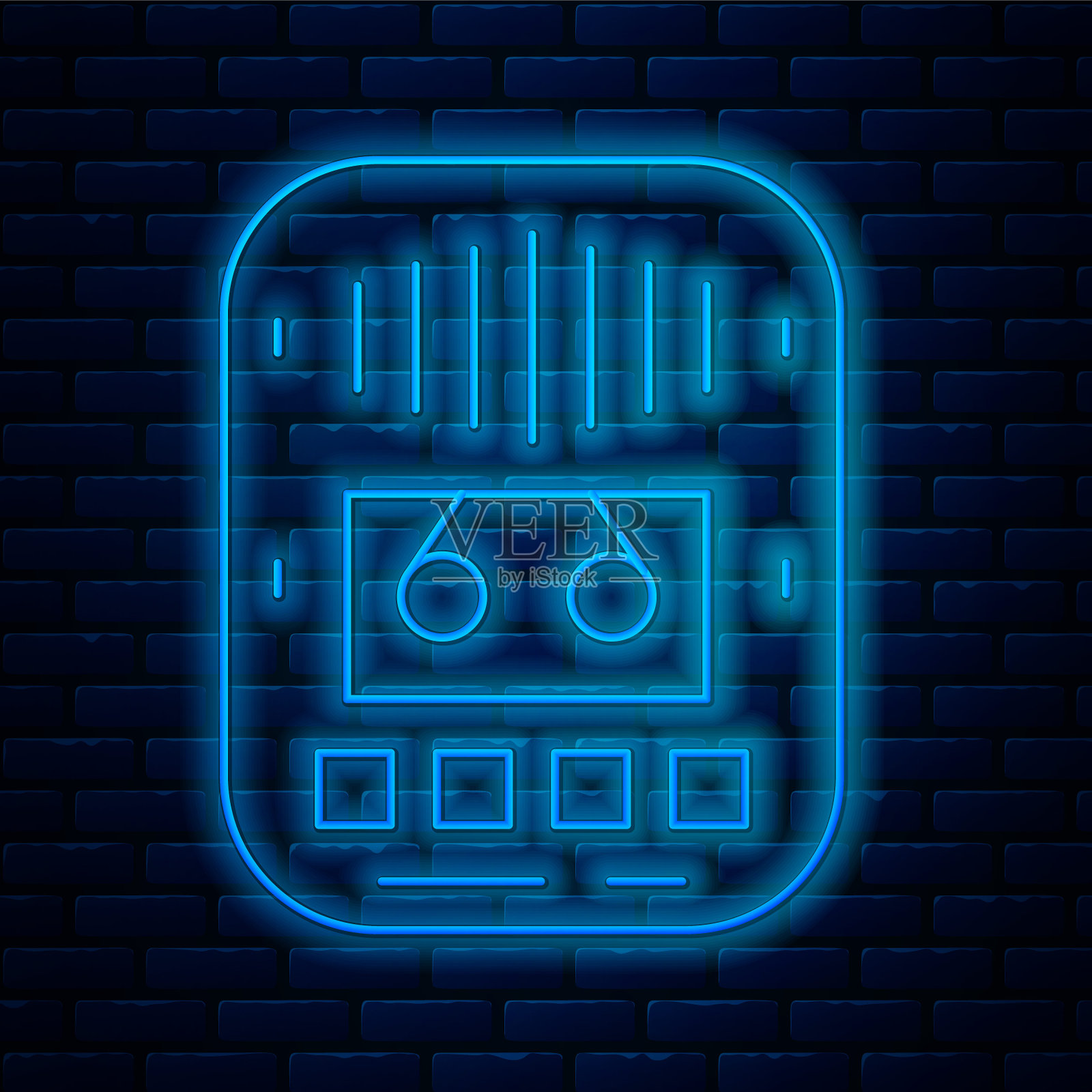 发光的霓虹灯线卡带播放器图标孤立在砖墙背景。老式磁带录音机。向量图标素材