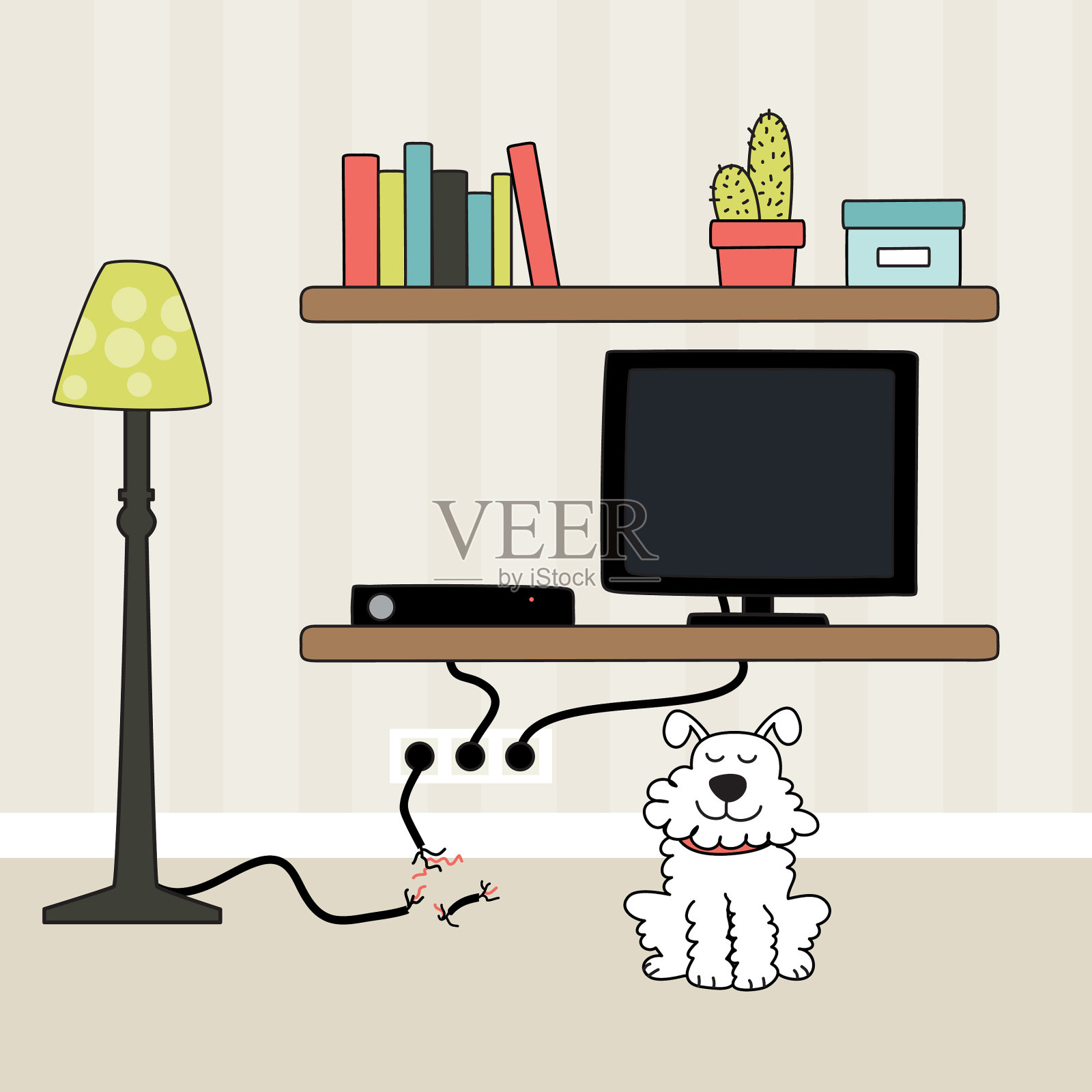 可爱的骄傲的小狗玩危险的电线。矢量艺术插画图片素材