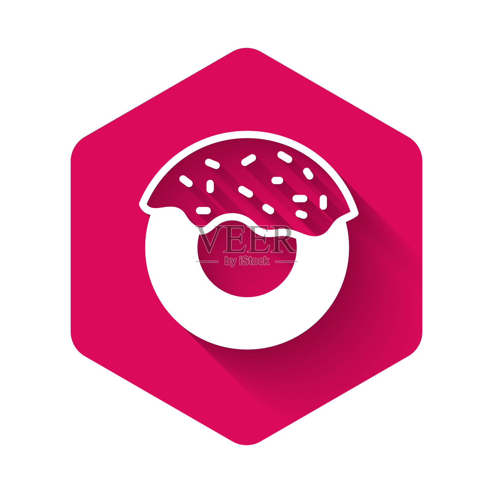 白色甜甜圈与甜釉图标孤立与长阴影背景。粉红色的六角按钮。向量设计元素图片