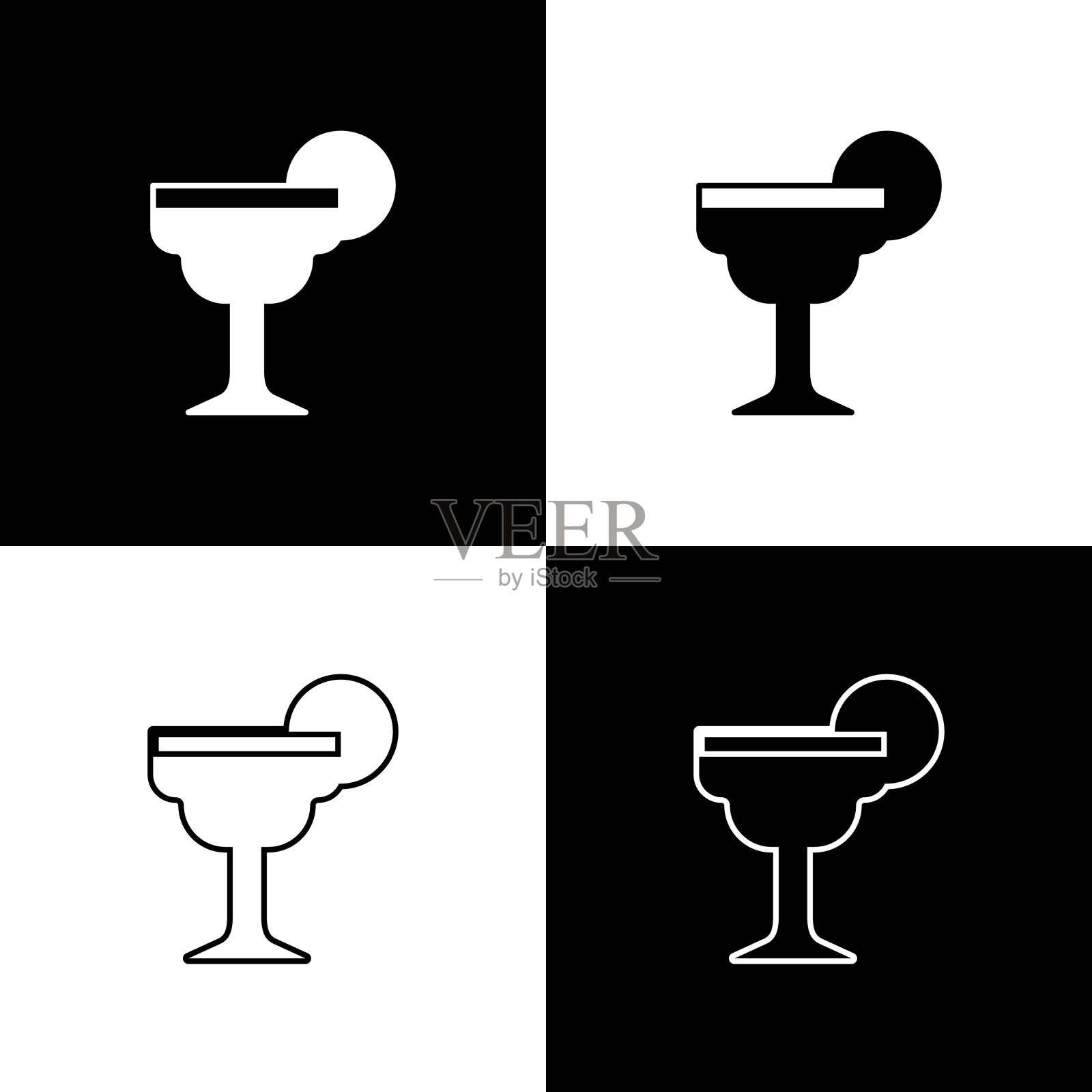 设置玛格丽塔鸡尾酒杯与石灰图标孤立在黑白背景。向量图标素材