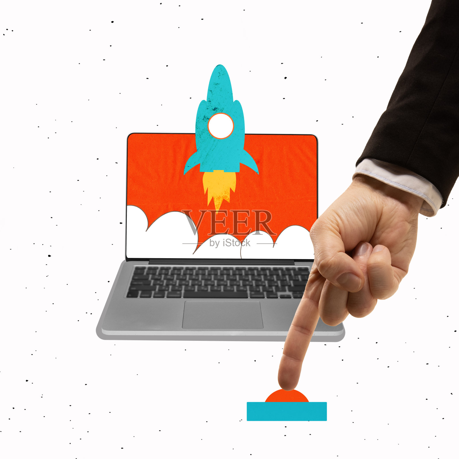 当代艺术拼贴。手动按下按钮，表示新项目启动照片摄影图片