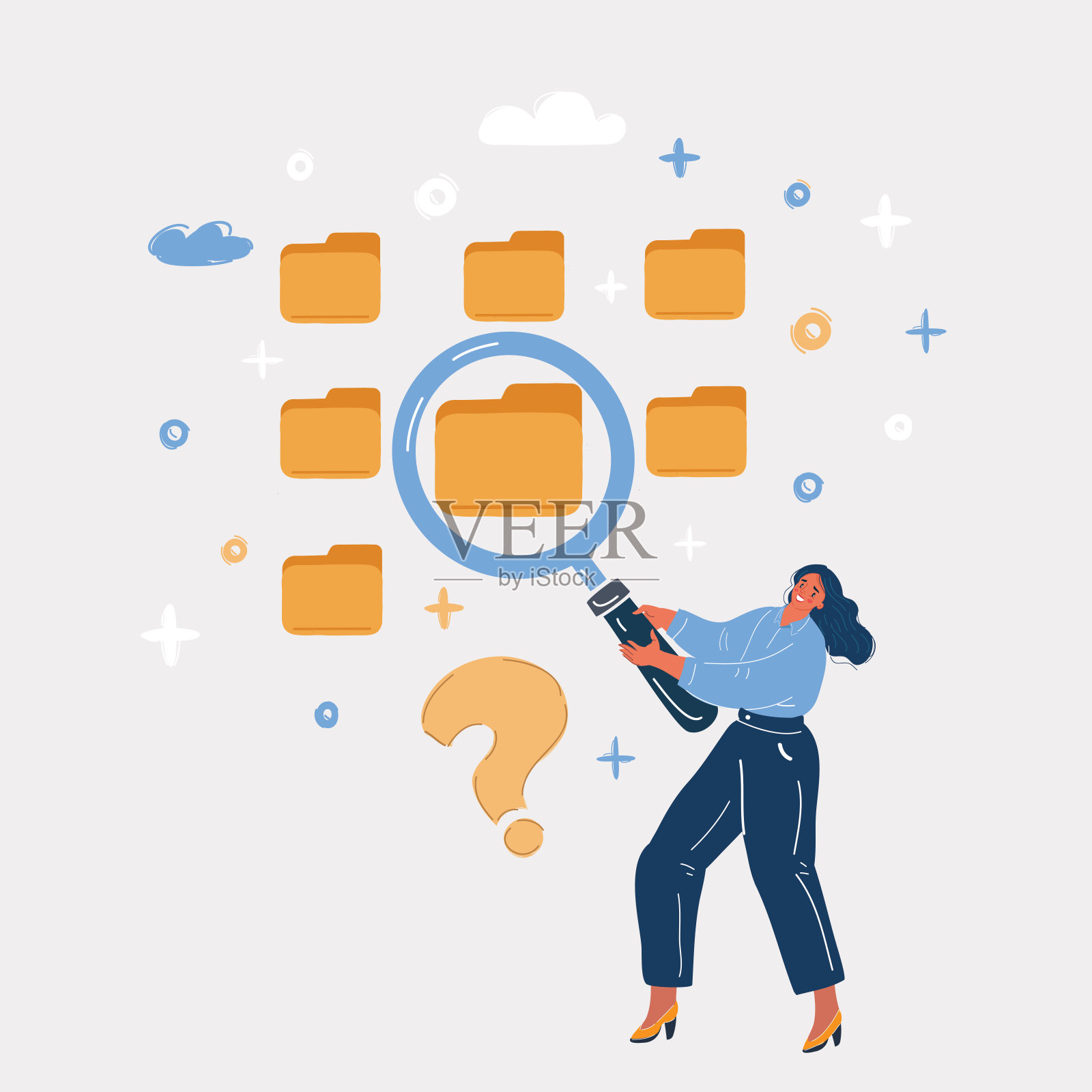 向量插图的搜索概念。女人在找资料，拿着放大镜的文件插画图片素材