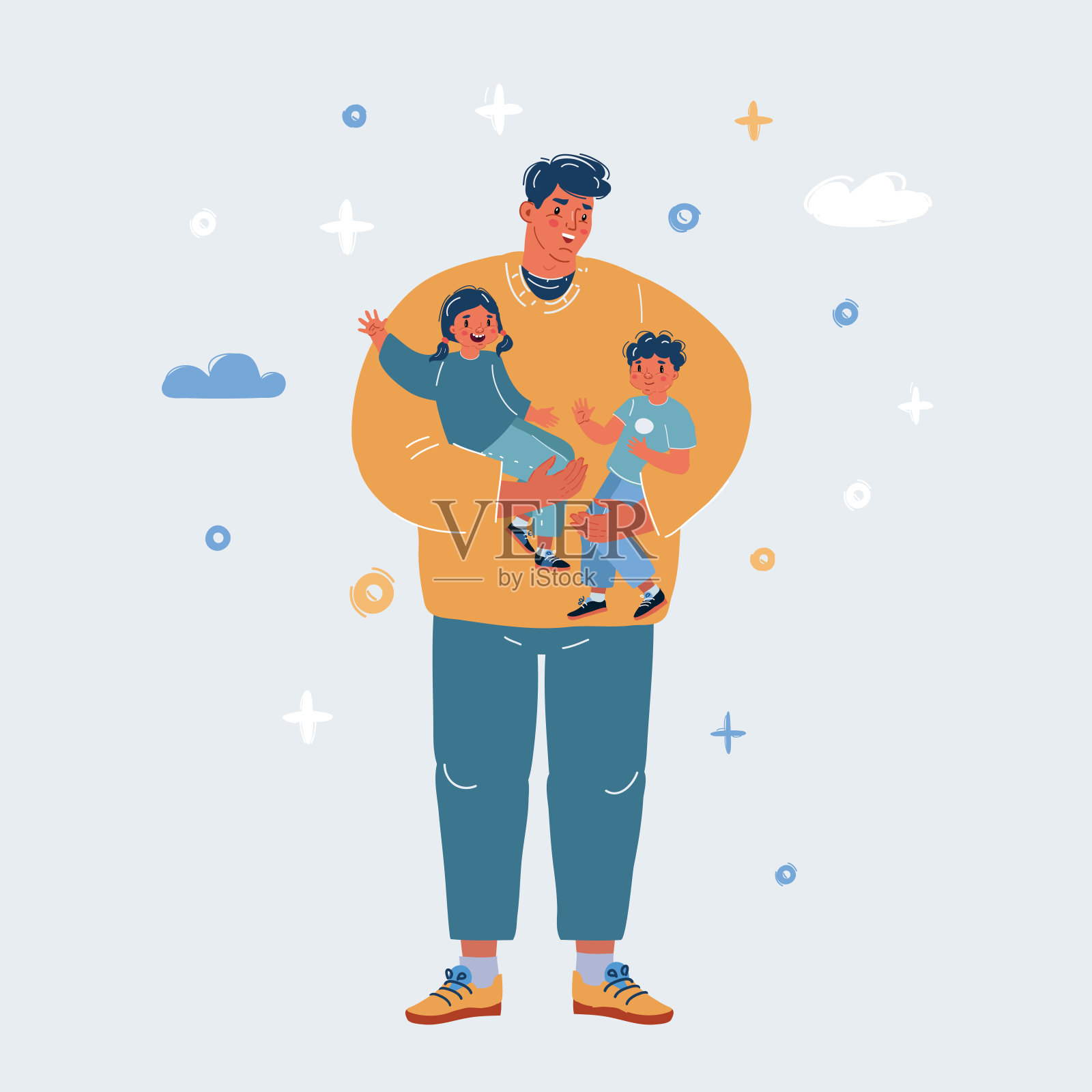 爸爸照顾儿子和女儿的矢量插图。插画图片素材