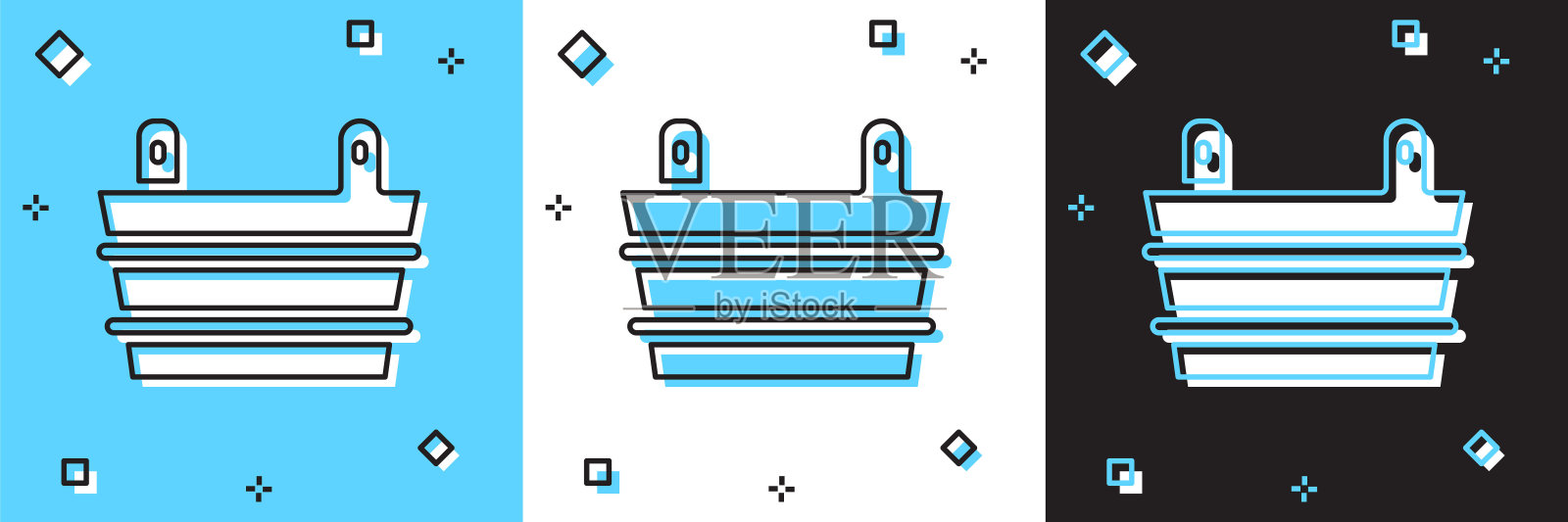 设置桑拿桶图标孤立在蓝色和白色，黑色背景。向量插画图片素材