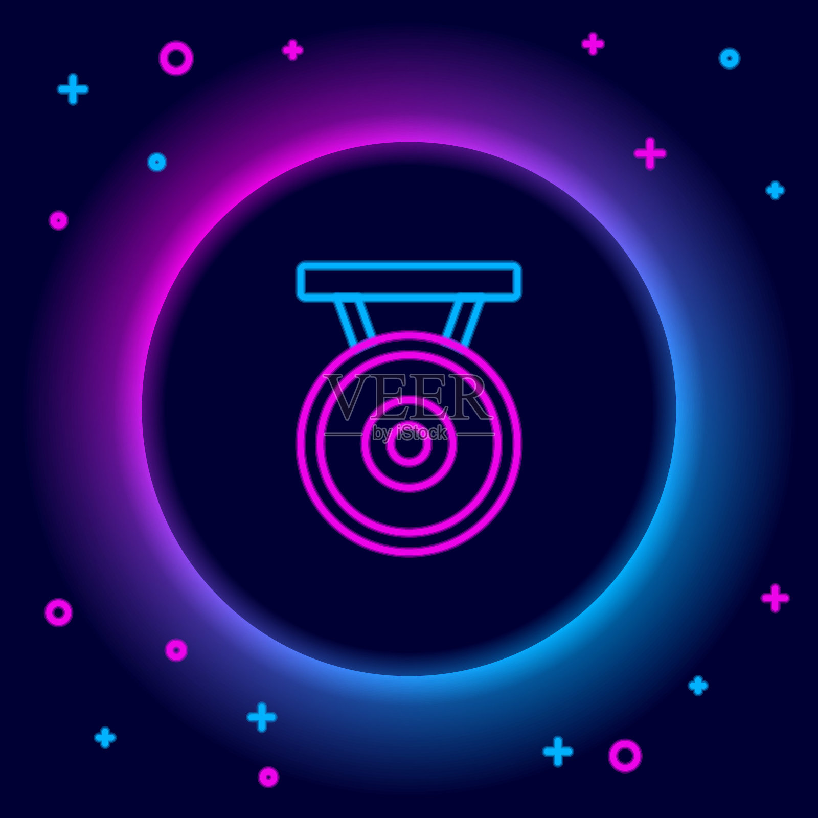 发光的霓虹线锣音乐打击乐器圆形金属圆盘图标孤立在黑色背景上。色彩斑斓的轮廓的概念。向量插画图片素材