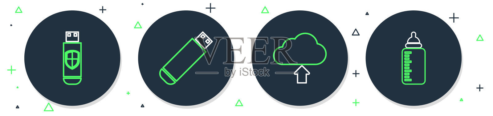 设置线u盘，云上传，盾牌和奶瓶图标。向量插画图片素材