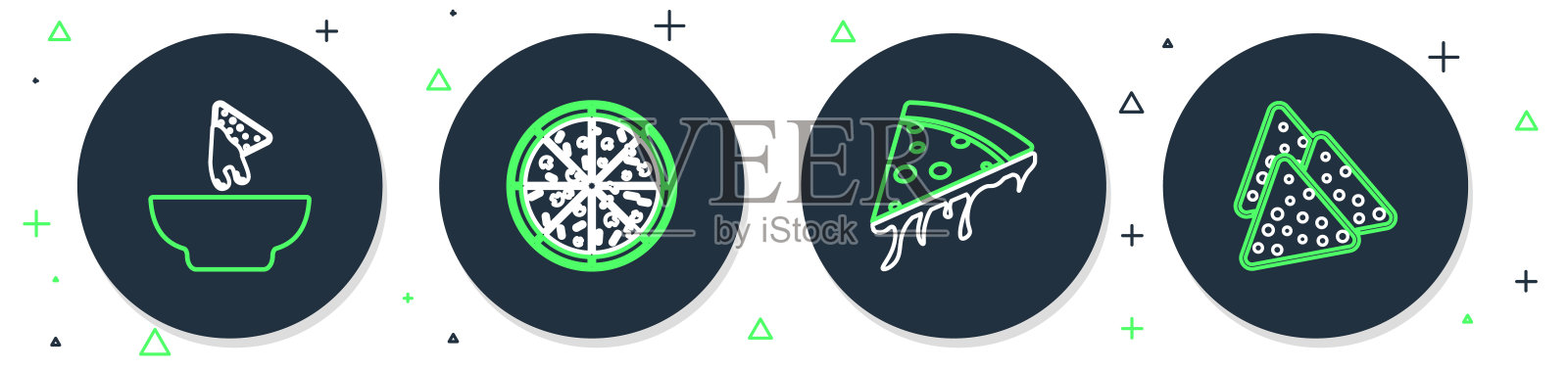 设置线披萨，披萨片，在盘子和图标的玉米片。向量插画图片素材