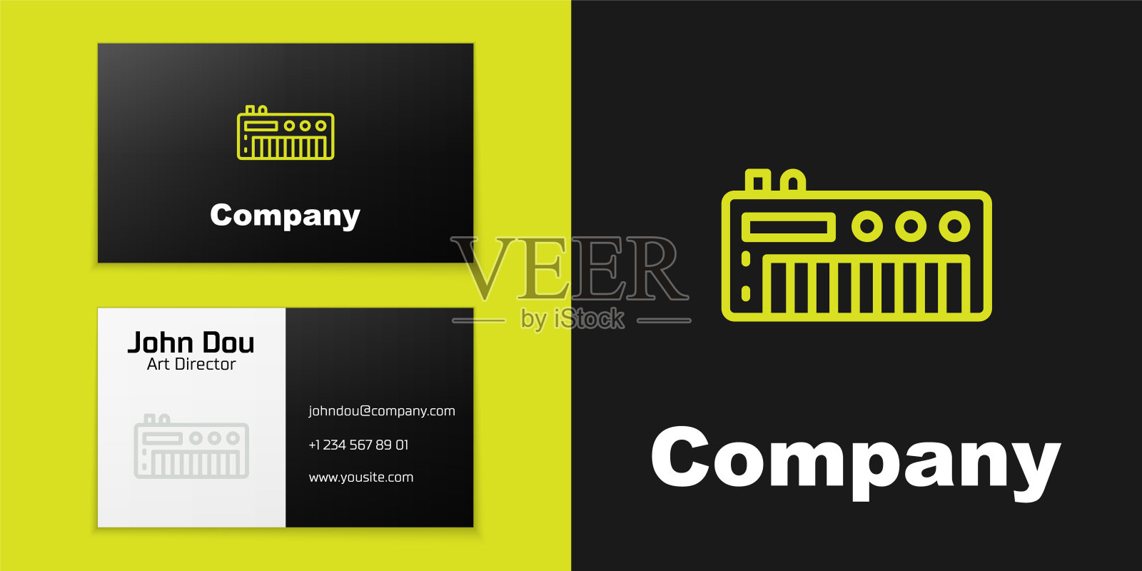 标识线音乐合成器图标孤立在黑色背景上。电子钢琴。Logo设计模板元素。向量设计模板素材