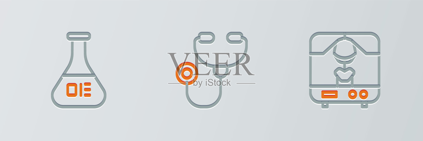 设置线x光机，试管，烧瓶和听诊器图标。向量插画图片素材