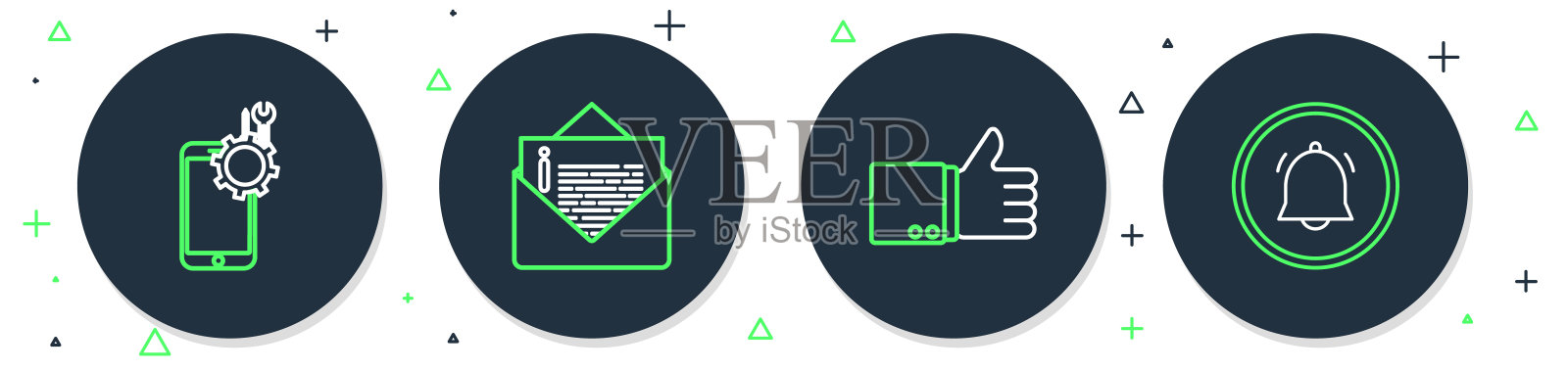 设置线路信封、大拇指、移动服务和按钮聊天通知图标。向量插画图片素材