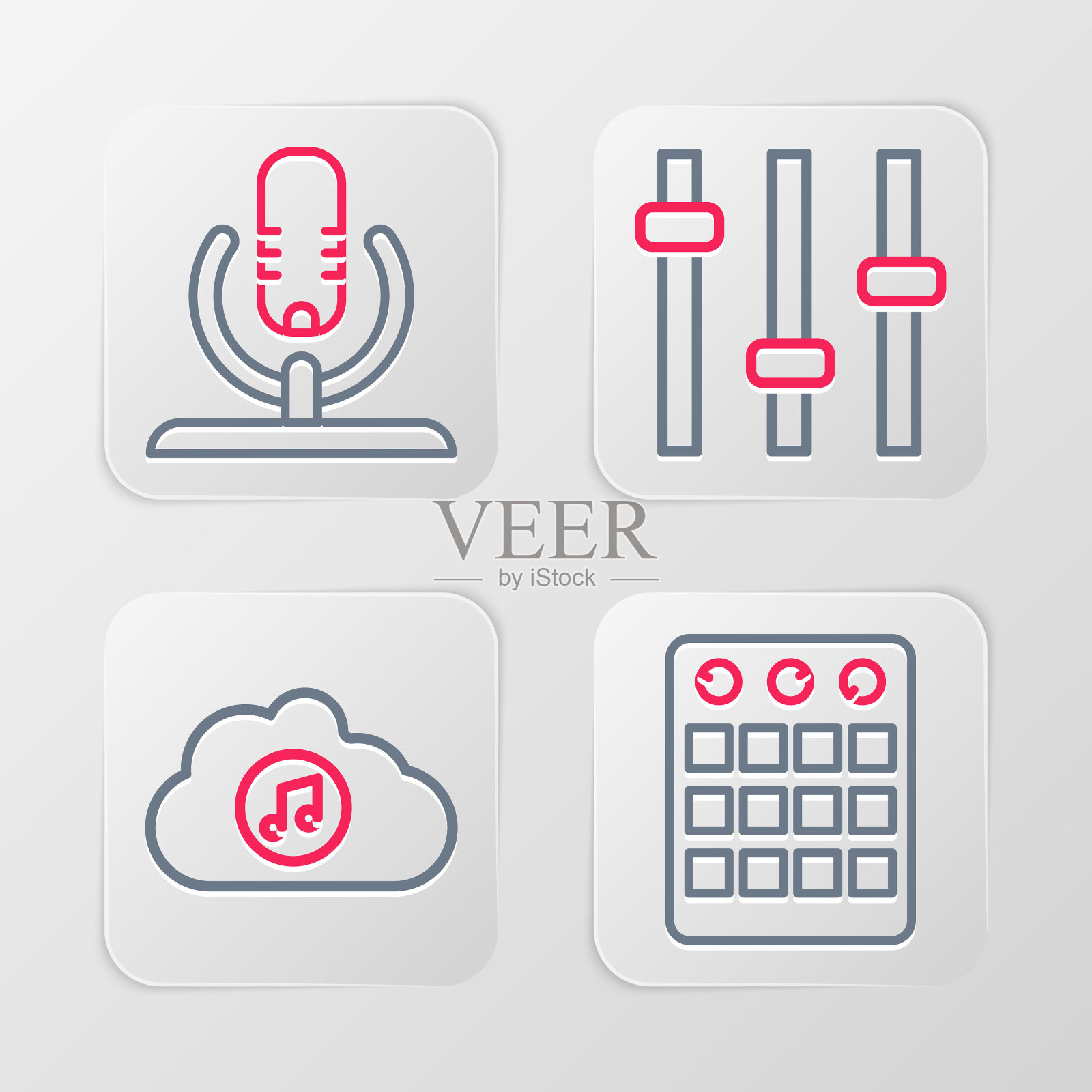 设置线鼓机，音乐流媒体服务，均衡器和麦克风图标。向量图标素材