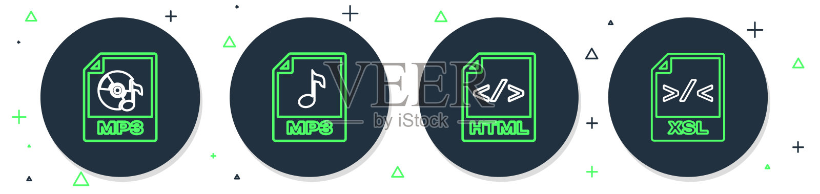 设置行MP3文件文档，HTML，和XSL图标。向量图标素材