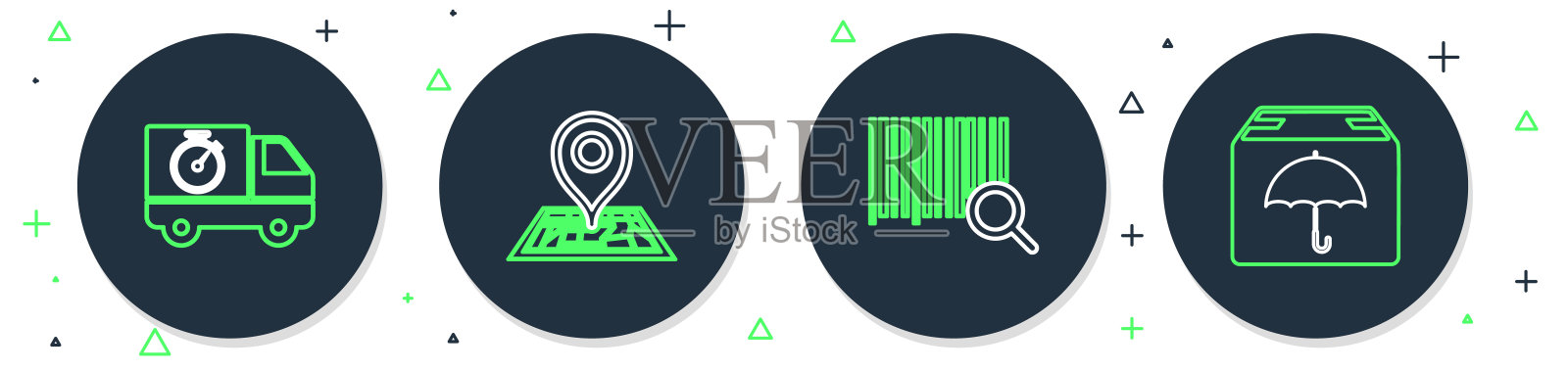 在地图上设置线路占位符，搜索条形码，送货卡车和秒表，以及带伞图标的包裹。向量图标素材