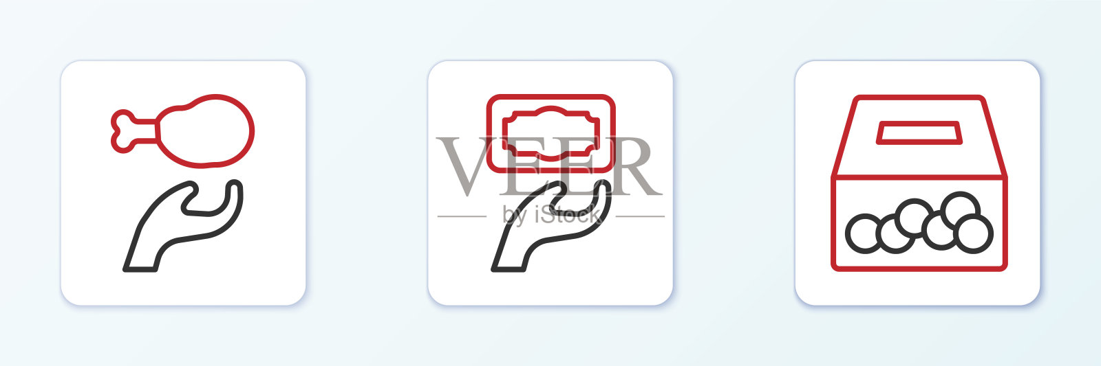 设置线捐赠和慈善，食品和图标。向量插画图片素材