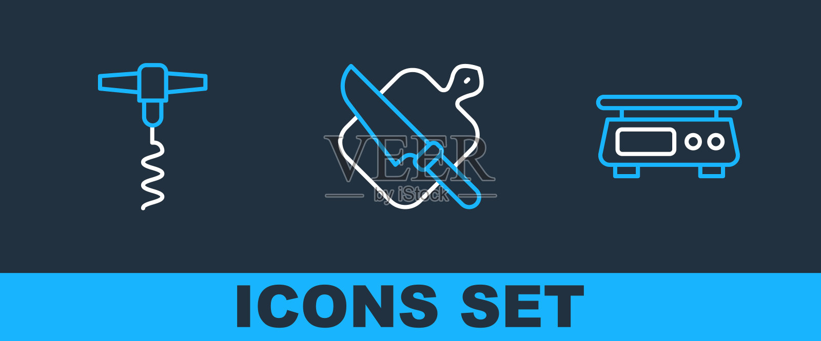 集电子秤、葡萄酒开瓶器、切菜板、刀图标于一体。向量图标素材