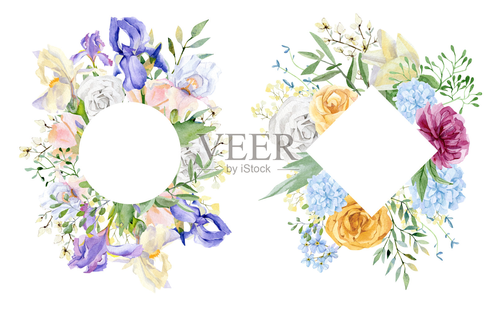 水彩圈花架婚礼插图。手绘黄玫瑰紫鸢尾，紫罗兰色的野花绿叶枝叶为问候，时尚，背景。插画图片素材