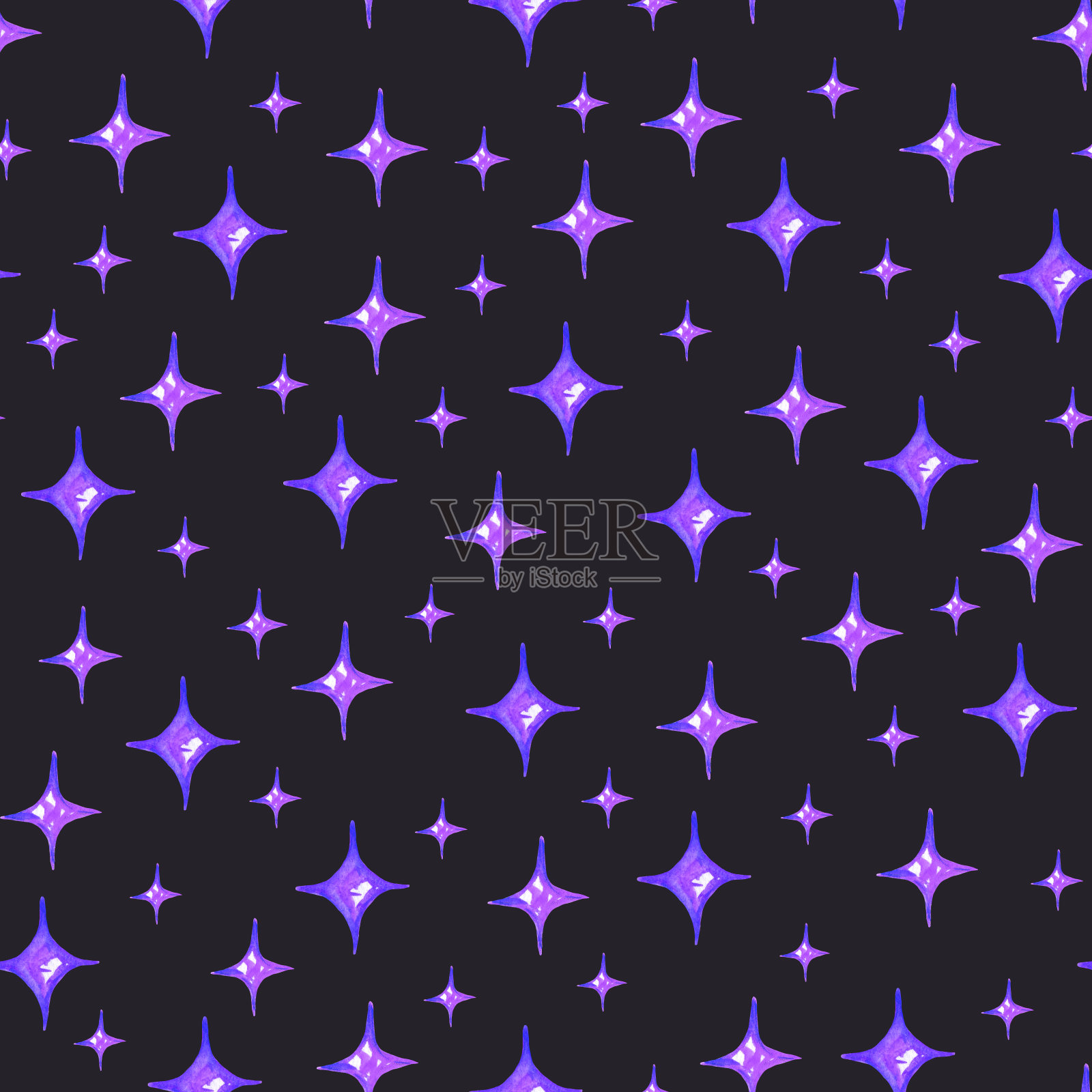 水彩无缝图案紫色明亮的星星在黑色的背景。插画图片素材