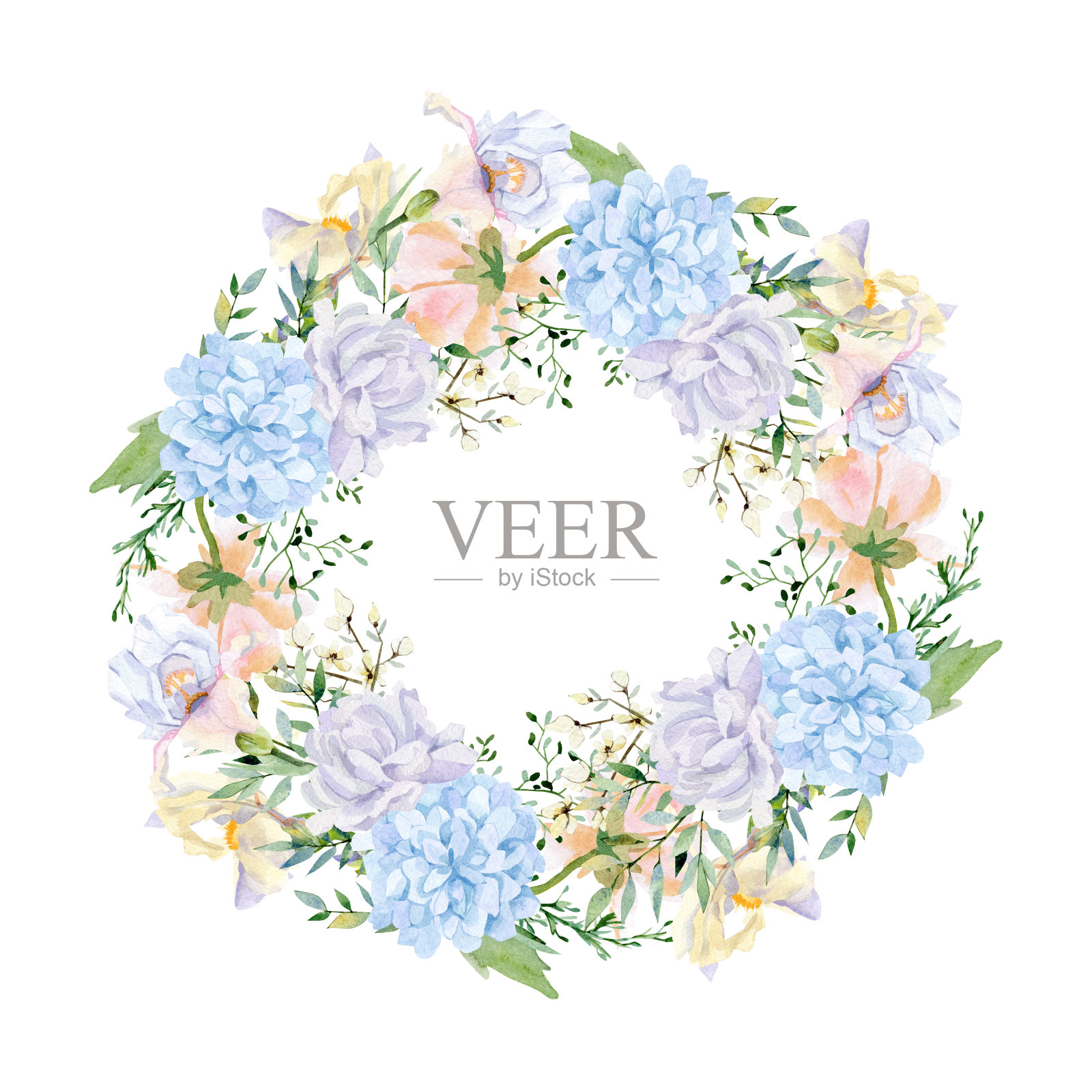 水彩花圆形花环粉红色紫色的花，野花，叶子，鸢尾，玫瑰，牡丹，aster为结婚卡片。手绘的植物横幅贺卡，婴儿淋浴，派对卡设计元素图片