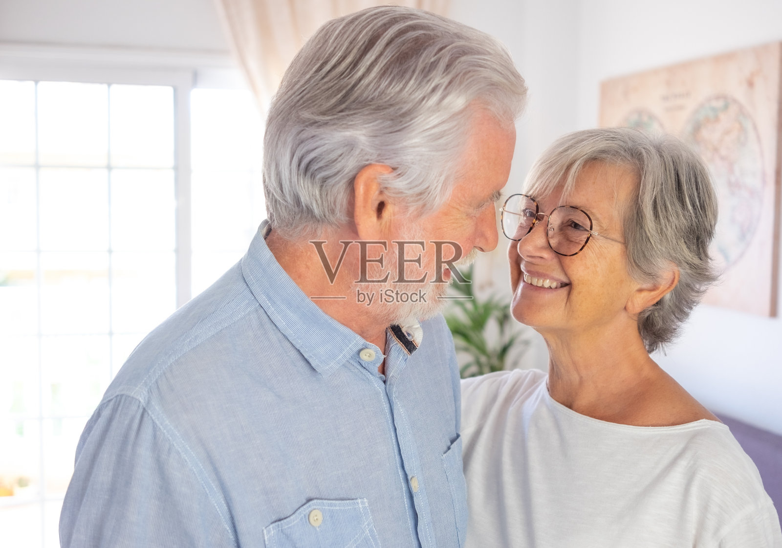 幸福美丽的老夫妇微笑着站在家里的客厅里照片摄影图片