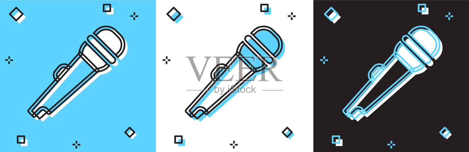 设置麦克风图标孤立在蓝色和白色插画图片素材