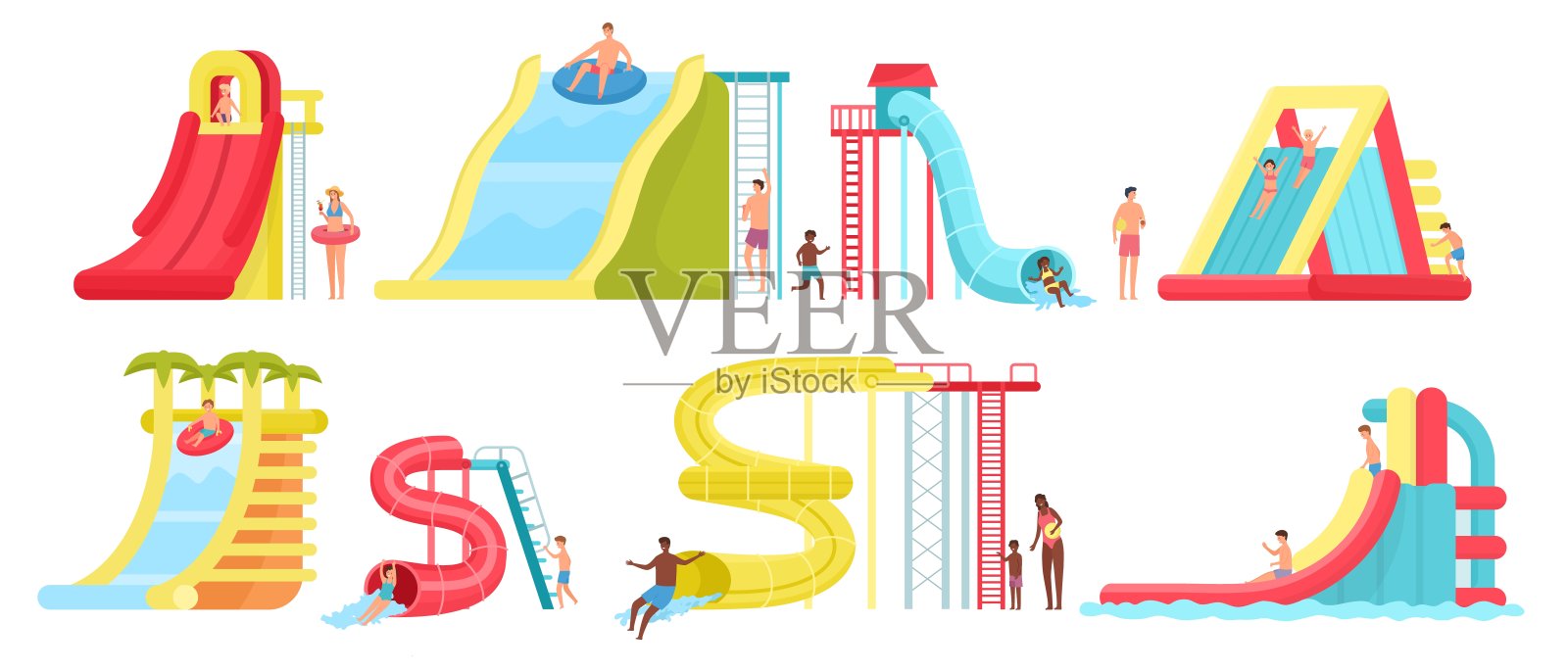 有孩子的家庭在水上公园玩水滑梯和螺旋梯玩得很开心。夏天游泳活动。充气环向量集中的成人和儿童设计元素图片