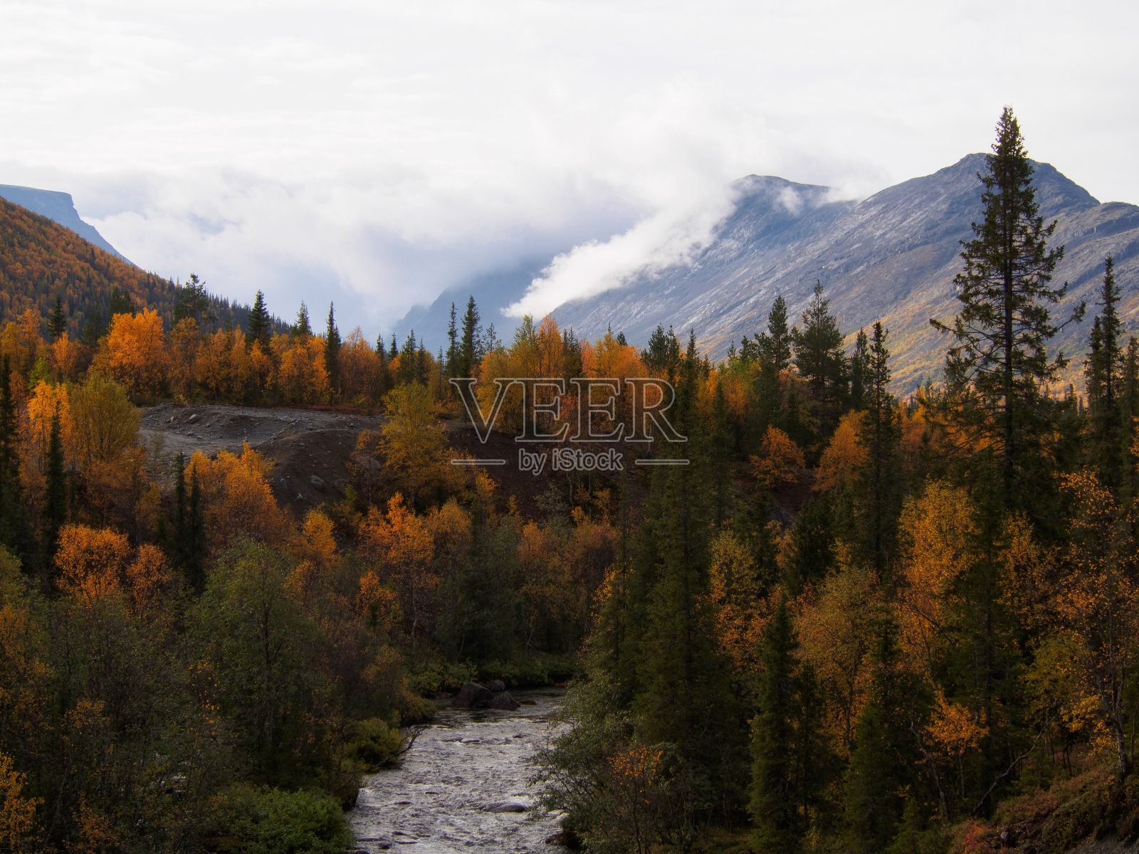 云层笼罩在山顶上。山上的云很低。Khibiny,俄罗斯。照片摄影图片