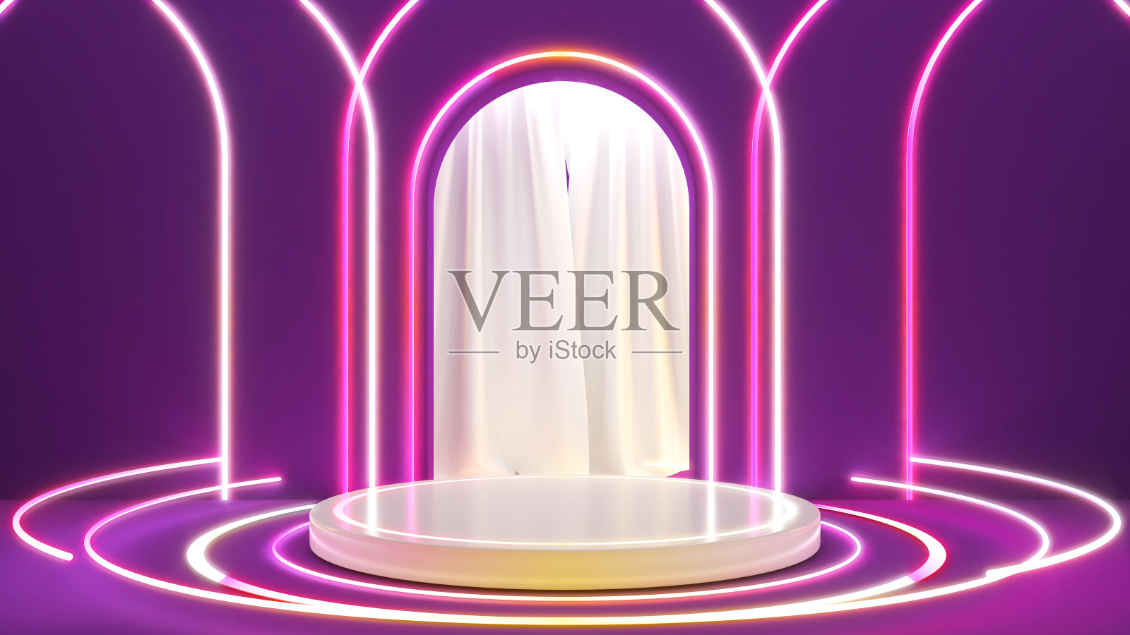 白色的圆圈站在紫色的背景和霓虹灯，模拟讲台上的产品介绍，3D渲染照片摄影图片