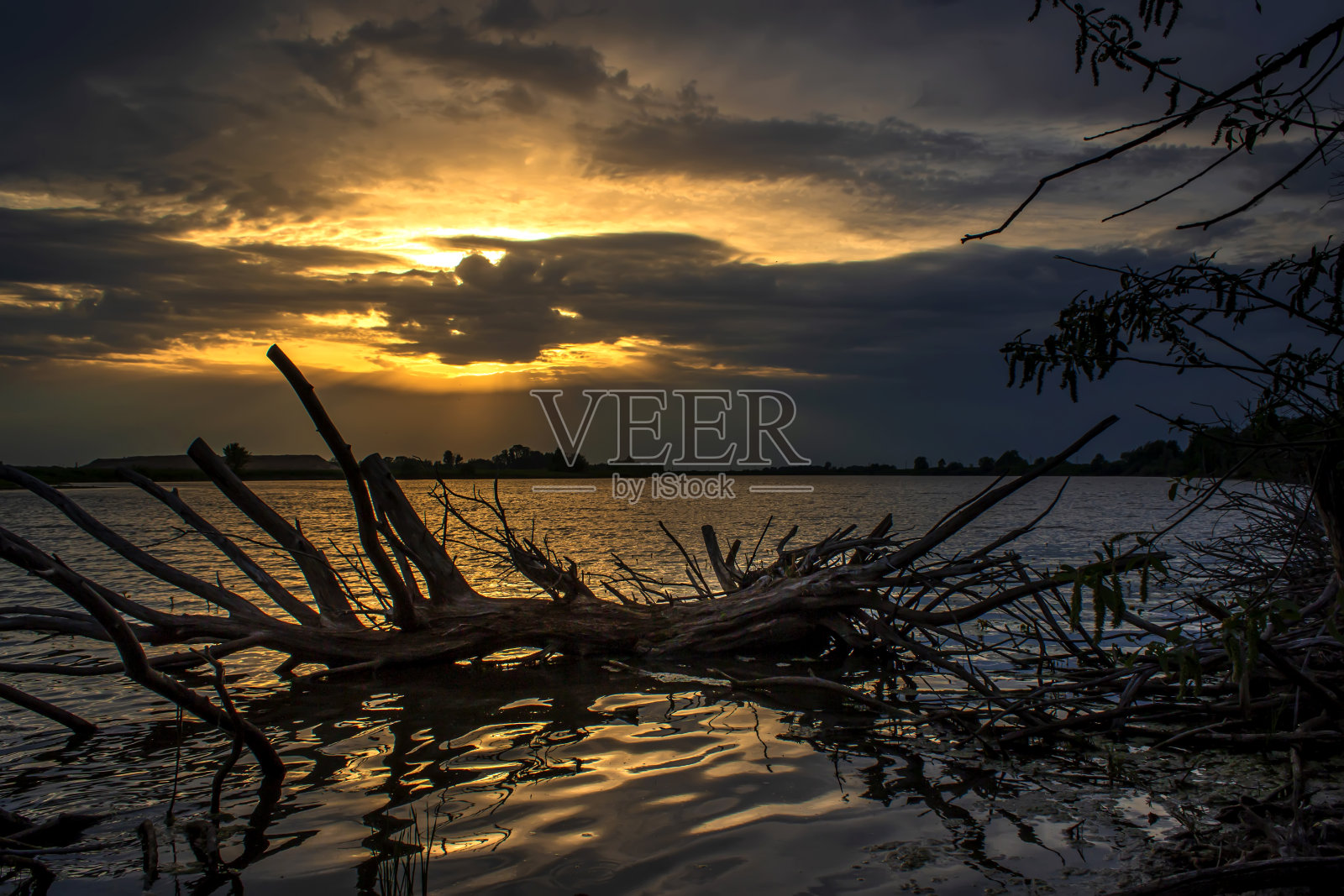 夏日的夕阳洒在湖面上。自然景观。在日落景观。照片摄影图片