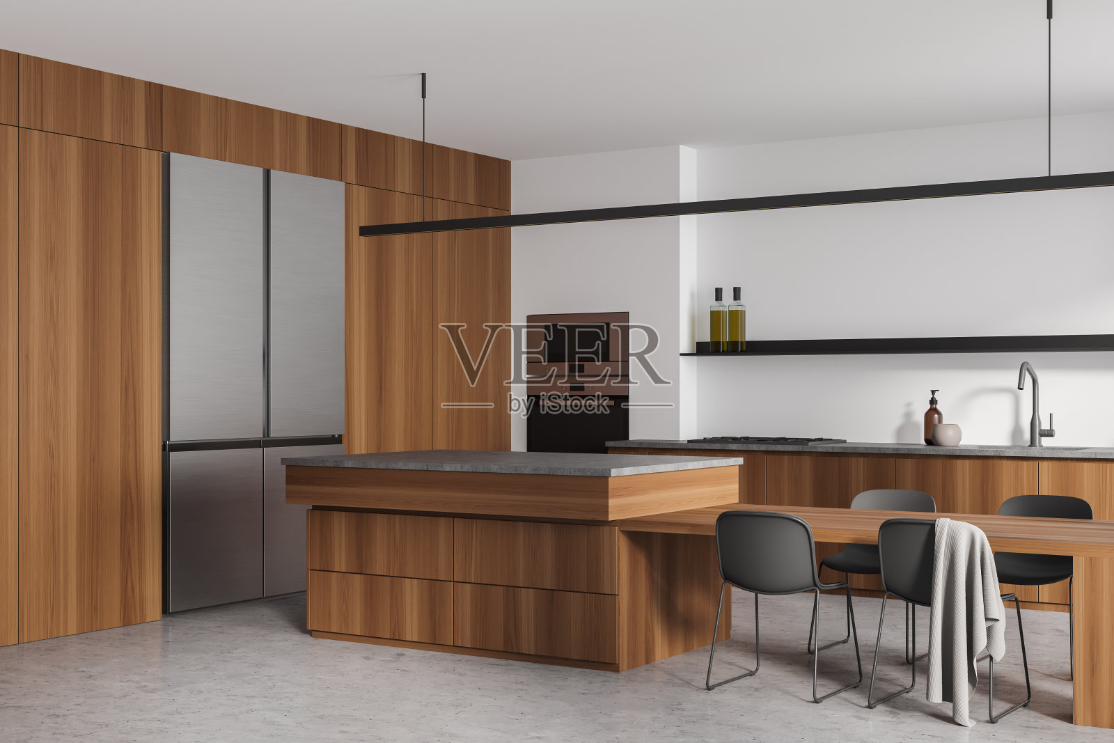 白色厨房设置室内桌椅，厨房用具和冰箱照片摄影图片