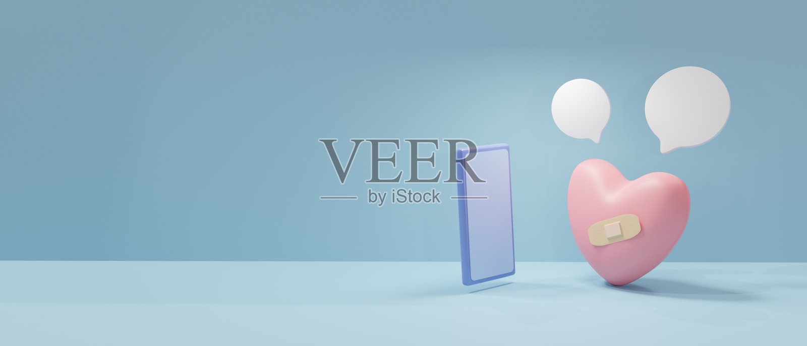 3 d渲染。受伤的心图标和智能手机。在线咨询和咨询的概念。精神障碍和精神疾病。浅蓝色横旗照片摄影图片