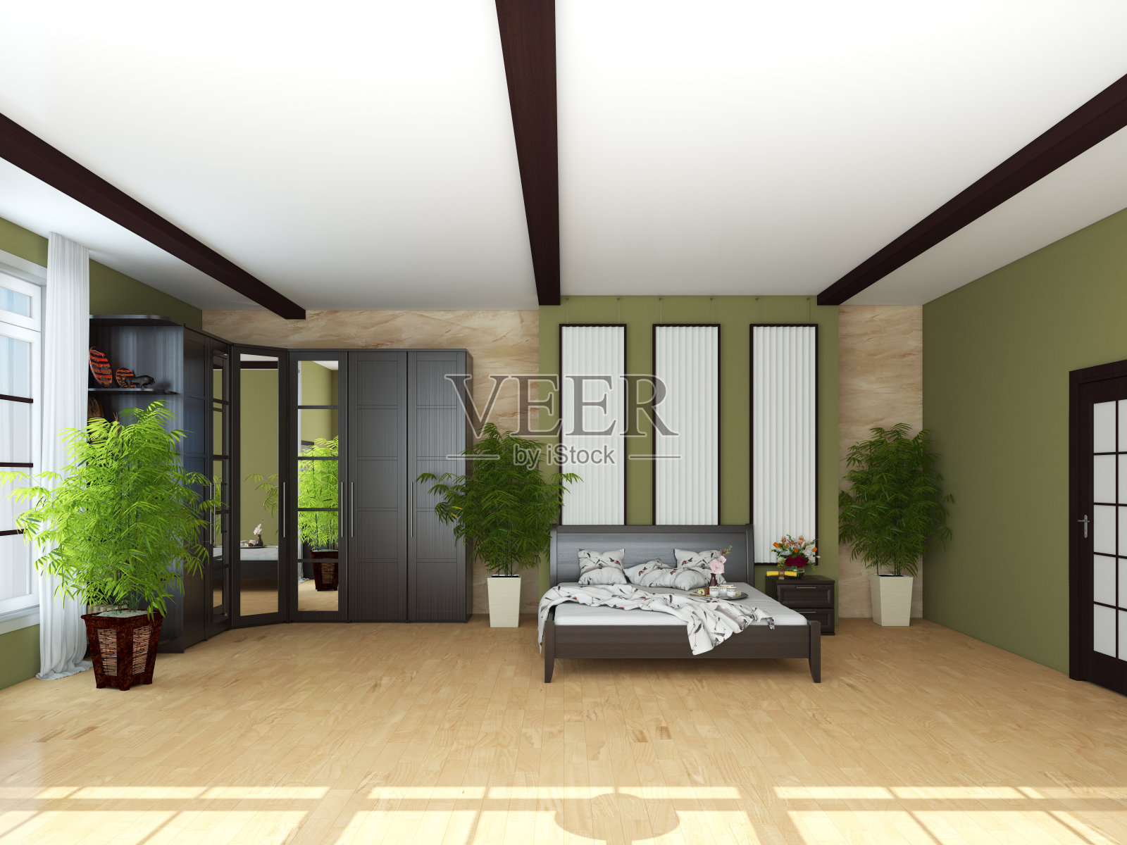 现代居室室内。浅木地板，绿色地毯，棕色木床照片摄影图片