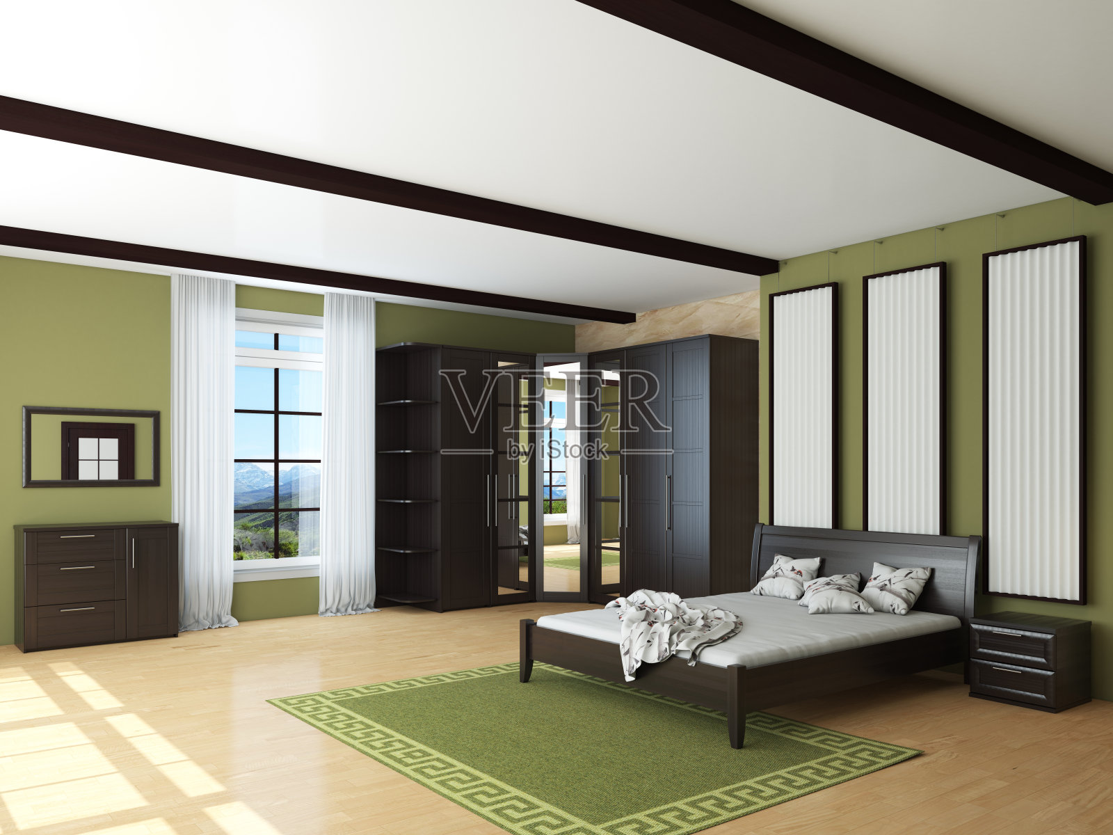 卧室内部与绿色的墙壁，棕色的衣柜，床与浅色的亚麻布照片摄影图片