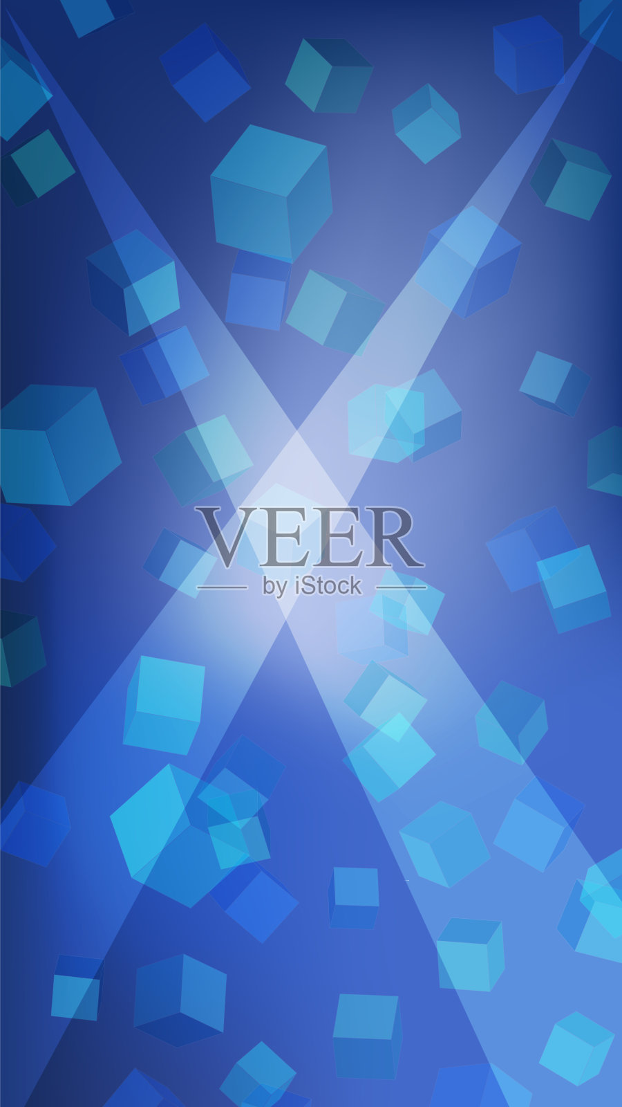 蓝色背景与许多立方体浮动，聚光灯在中心，9:16比例大小插画图片素材