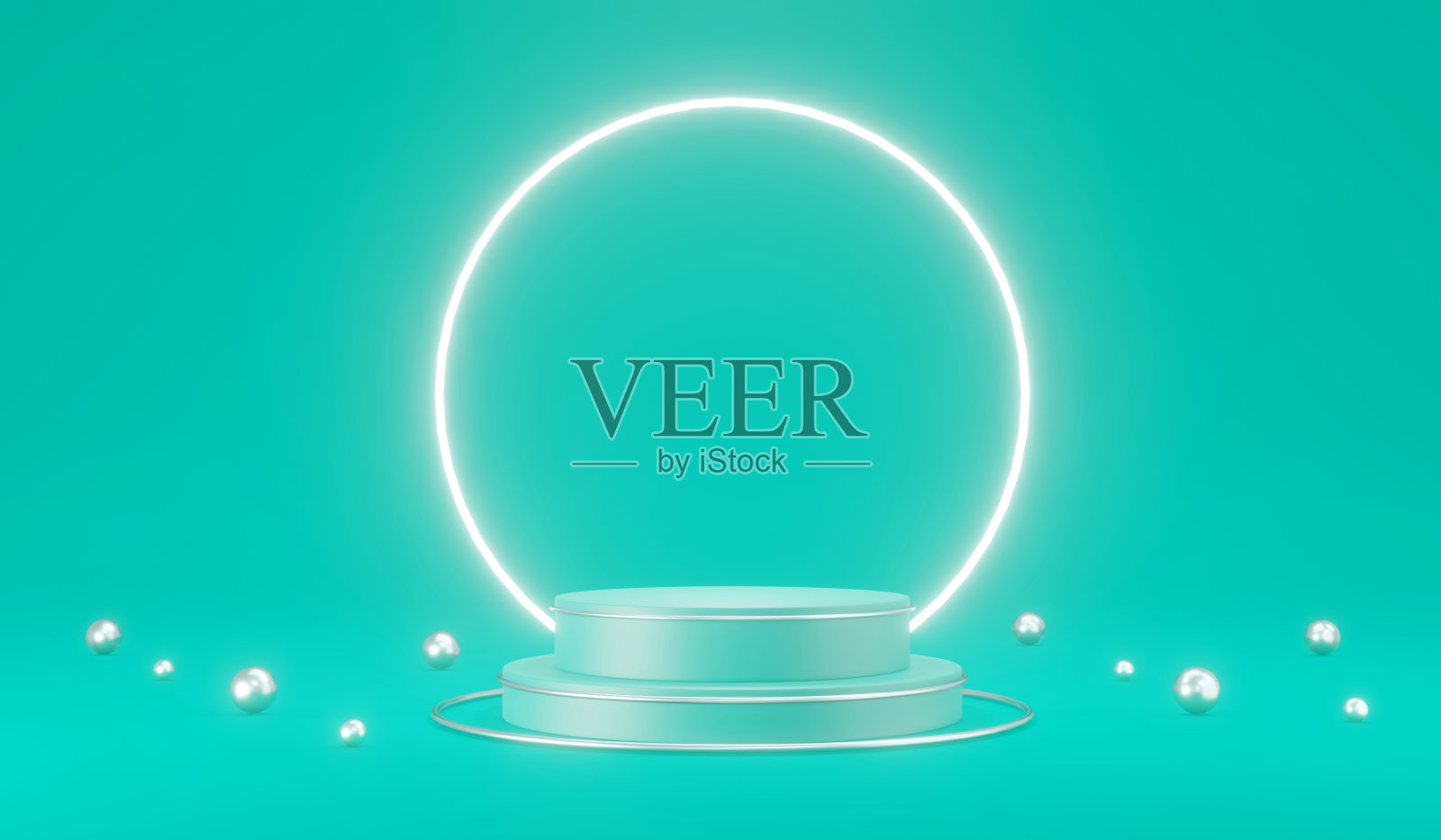 三维渲染概念薄荷绿色产品的立场，平台展示与彩虹云，热气球和星星的背景为商业设计。3D渲染。3D插图照片摄影图片