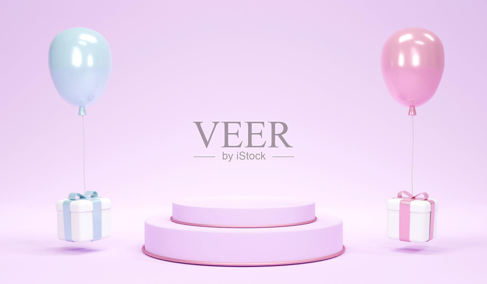 性别展示、宝宝派对、生日派对的3D渲染概念。蓝色和粉红色粉彩气球和礼物与讲台白色背景。3D渲染。3D插图。照片摄影图片