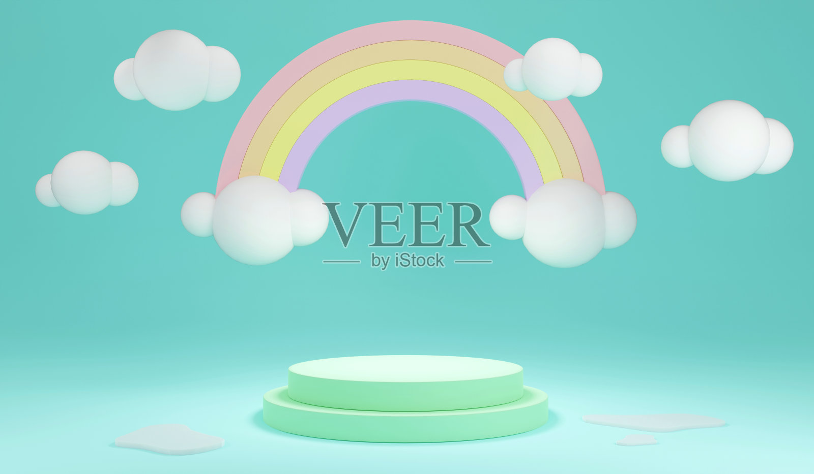 3D渲染粉彩空白产品站在平台上展示彩虹和云在商业设计的背景。最小的粉红色的主题。3D渲染。3D插图。照片摄影图片