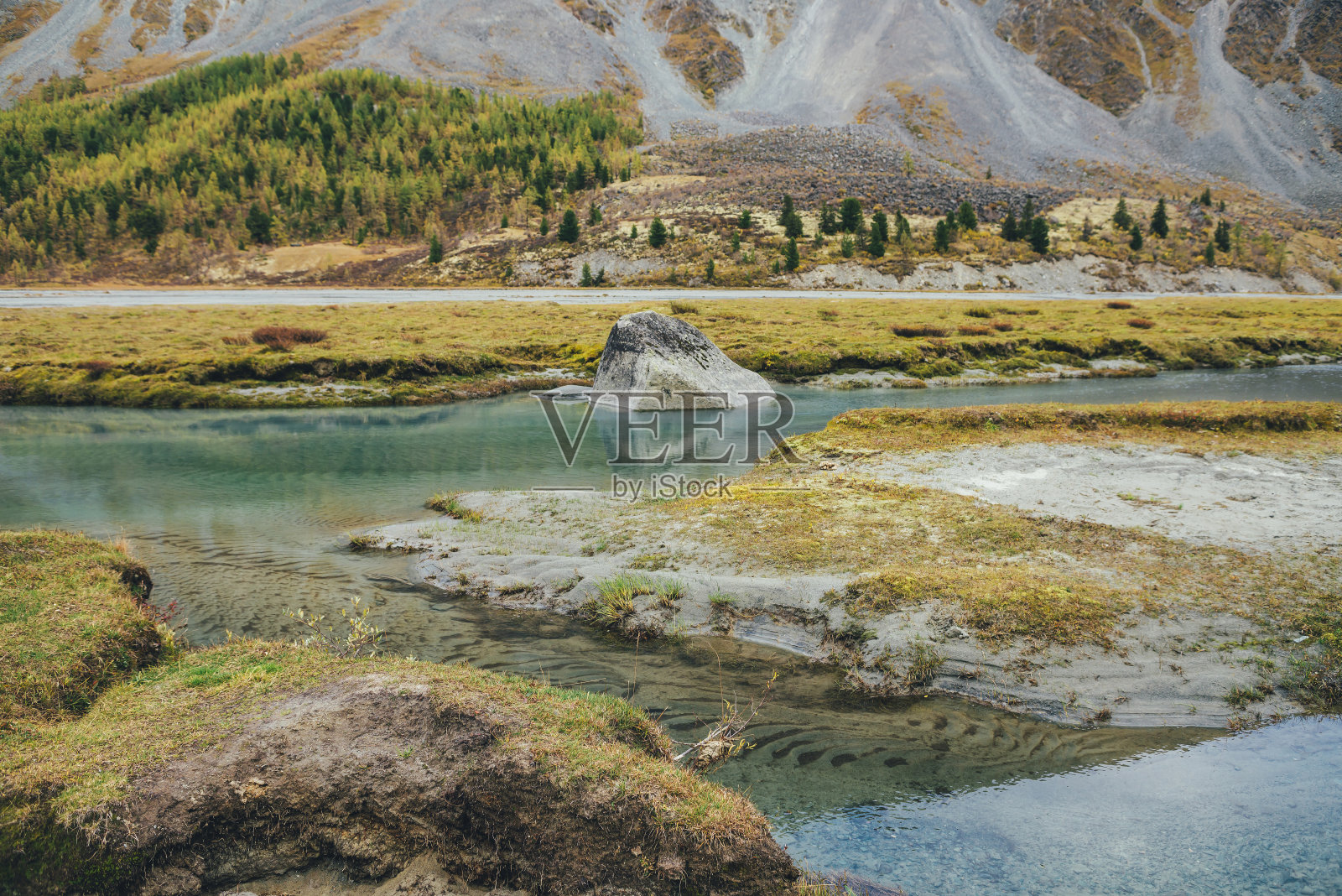金秋山水，以山涧大石为景，以林为景。美丽的大圆石在碧绿的溪水中秋日流淌。绿色波纹沙底透明的水。照片摄影图片